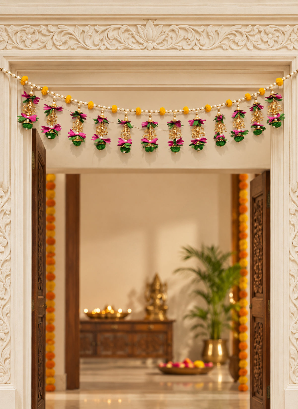 Madhoor Pearl Lotus Toran Pink Yellow Green 1 Piece