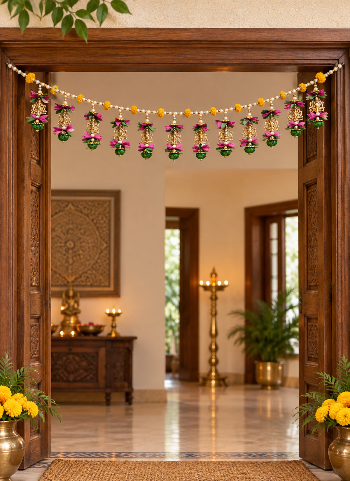 Madhoor Pearl Lotus Toran Pink Yellow Green 1 Piece