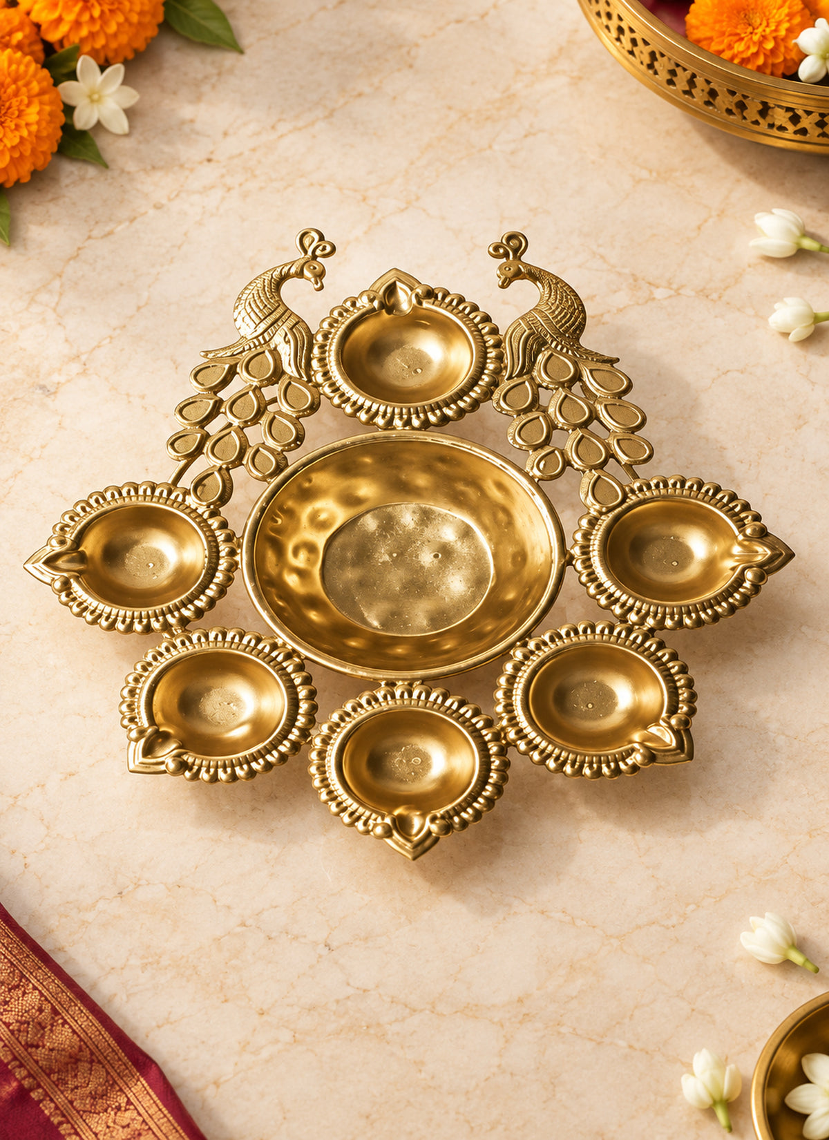 Madhoor Peacock Multiwick Urli Bowl Gold-Tone 8 Inches 1 Piece
