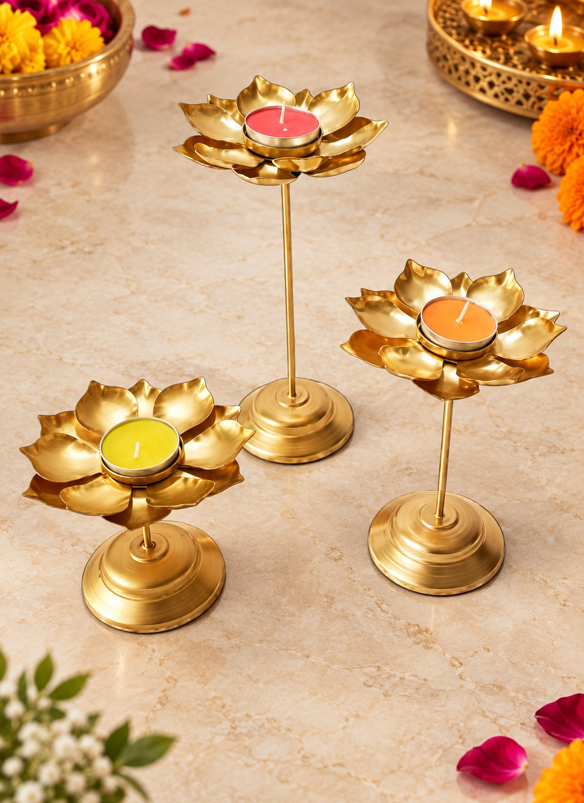 Madhoor Lotus 9/11/ Urli Bowl Gold-Tone 13 Inches 3 Pieces