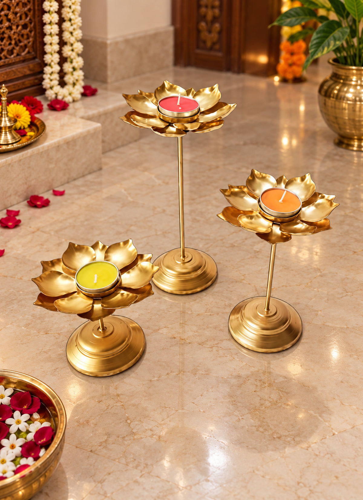 Madhoor Lotus 9/11/ Urli Bowl Gold-Tone 13 Inches 3 Pieces