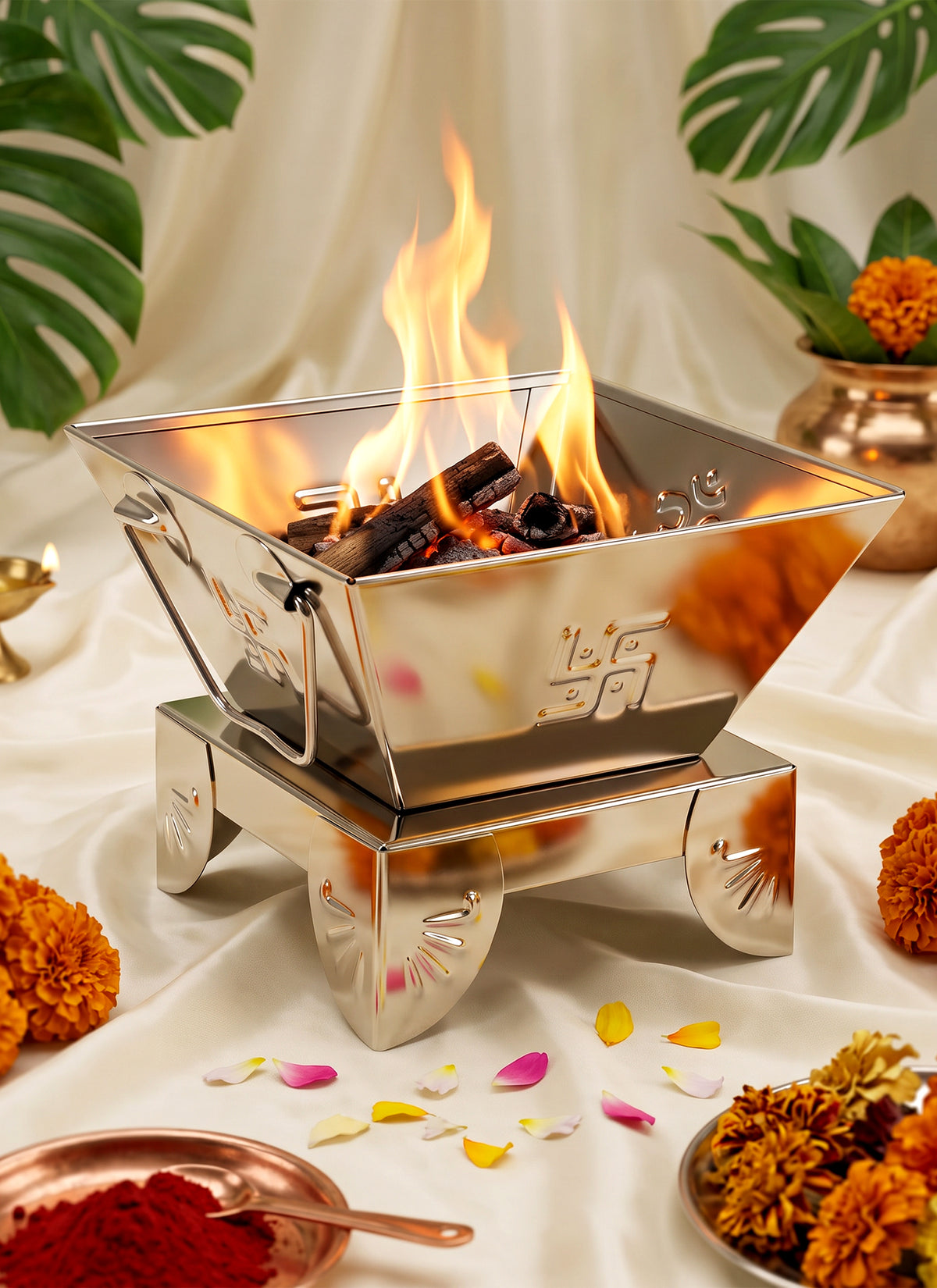 Madhoor Steel Havan Kund Silver-Tone 5 x 5 x 4 Inches 1 Piece