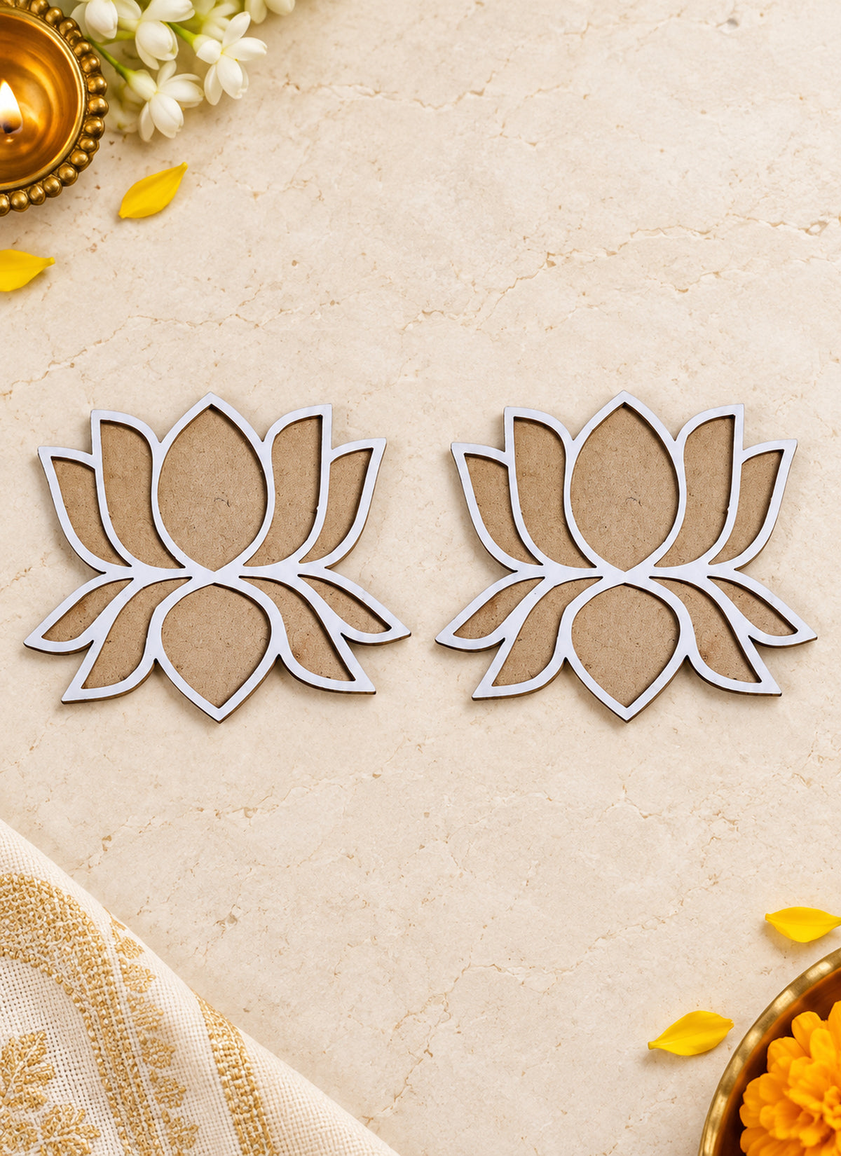 Madhoor MDF Lotus Rangoli Stencil White Brown 4 x 4 Inches 2 Pieces