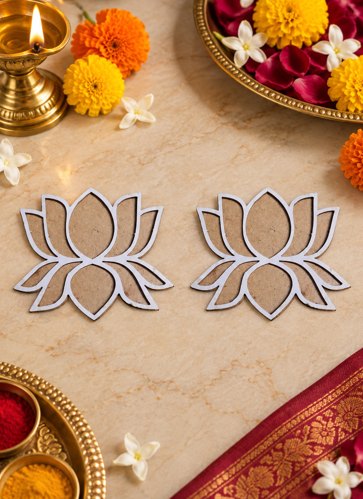 Madhoor MDF Lotus Rangoli Stencil White Brown 4 x 4 Inches 2 Pieces