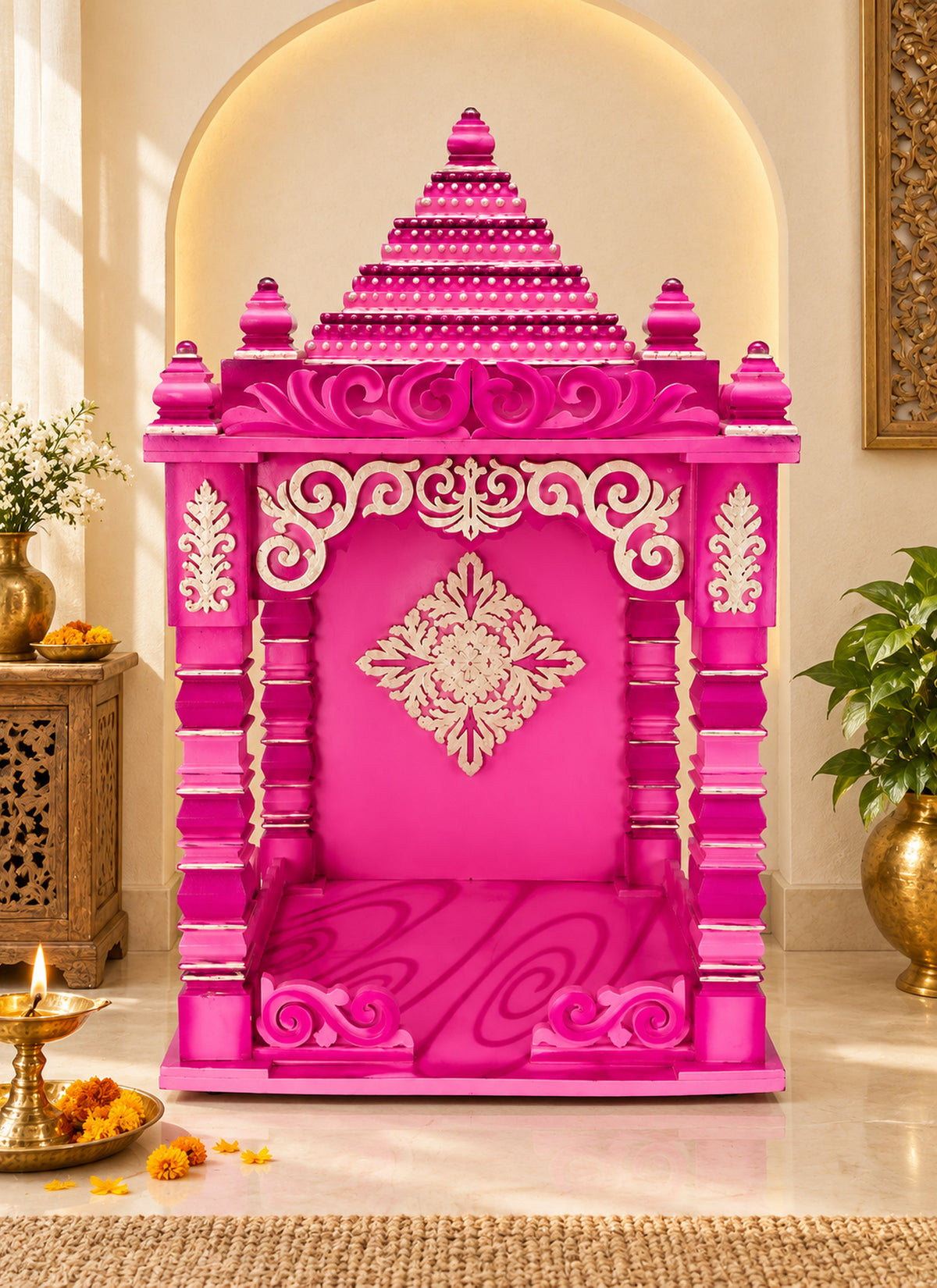 Madhoor Thermocol Shikara Magenta Home Temple Silver-Tone 3 Feet 1 Piece