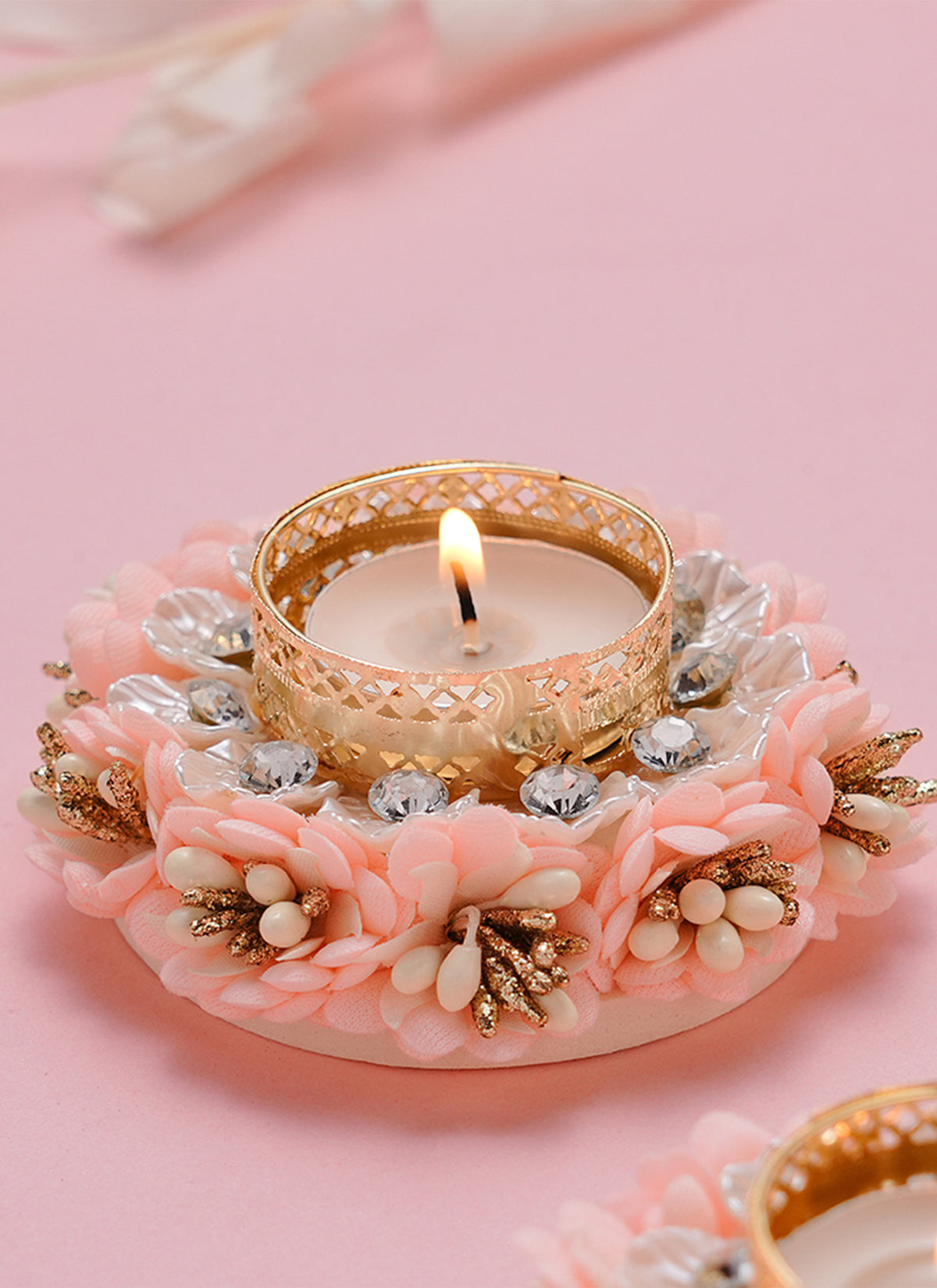 Madhoor Crystal Pearl Tealight Holder Peach Set of 2