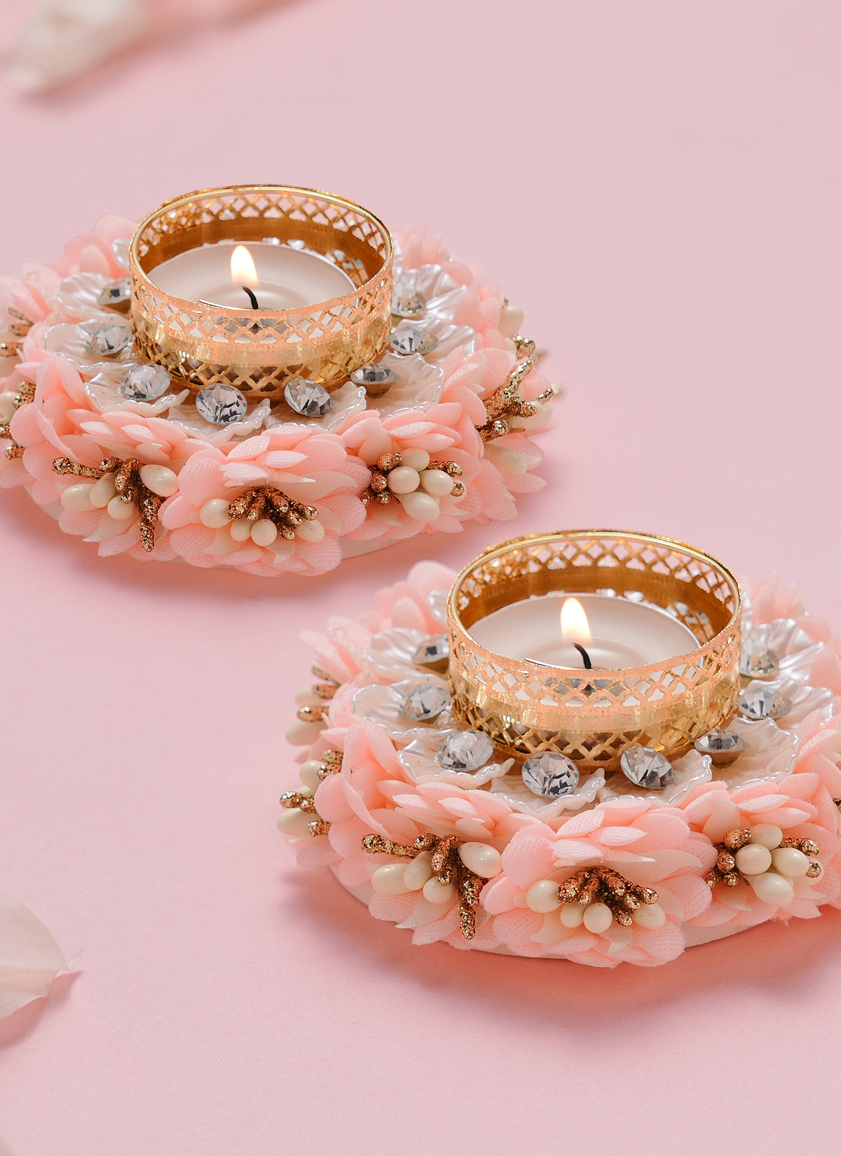 Madhoor Crystal Pearl Tealight Holder Peach Set of 2