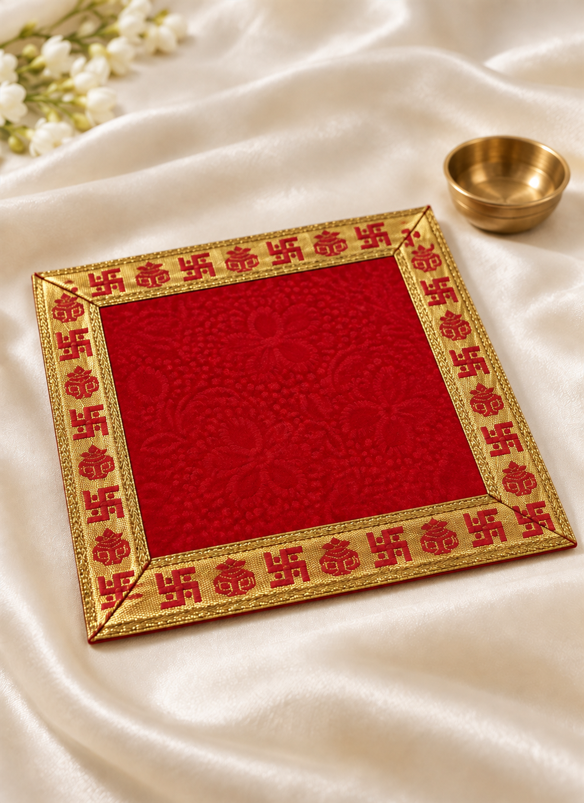 Madhoor Velvet Swastik Kalash Pooja Aasan Red 5 x 5 Inches
