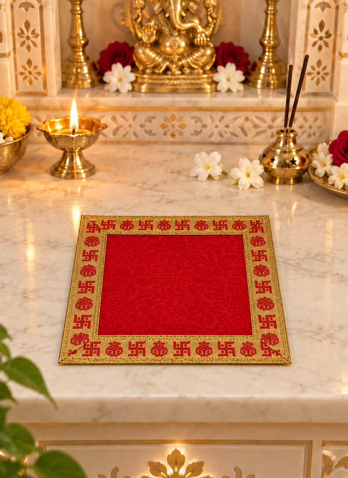 Madhoor Velvet Swastik Kalash Pooja Aasan Red 5 x 5 Inches