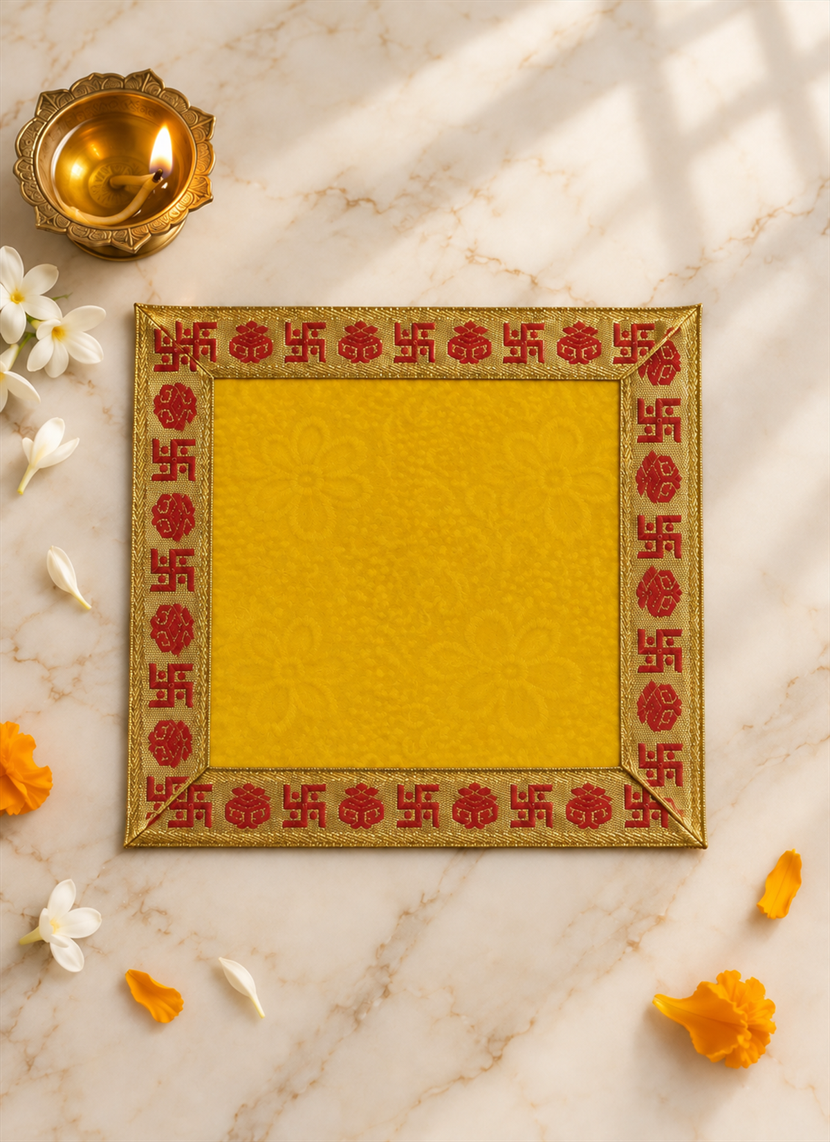 Madhoor Velvet Swastik Kalash Pooja Aasan Yellow 5 x 5 Inches