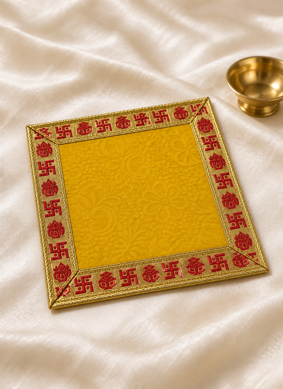 Madhoor Velvet Swastik Kalash Pooja Aasan Yellow 5 x 5 Inches