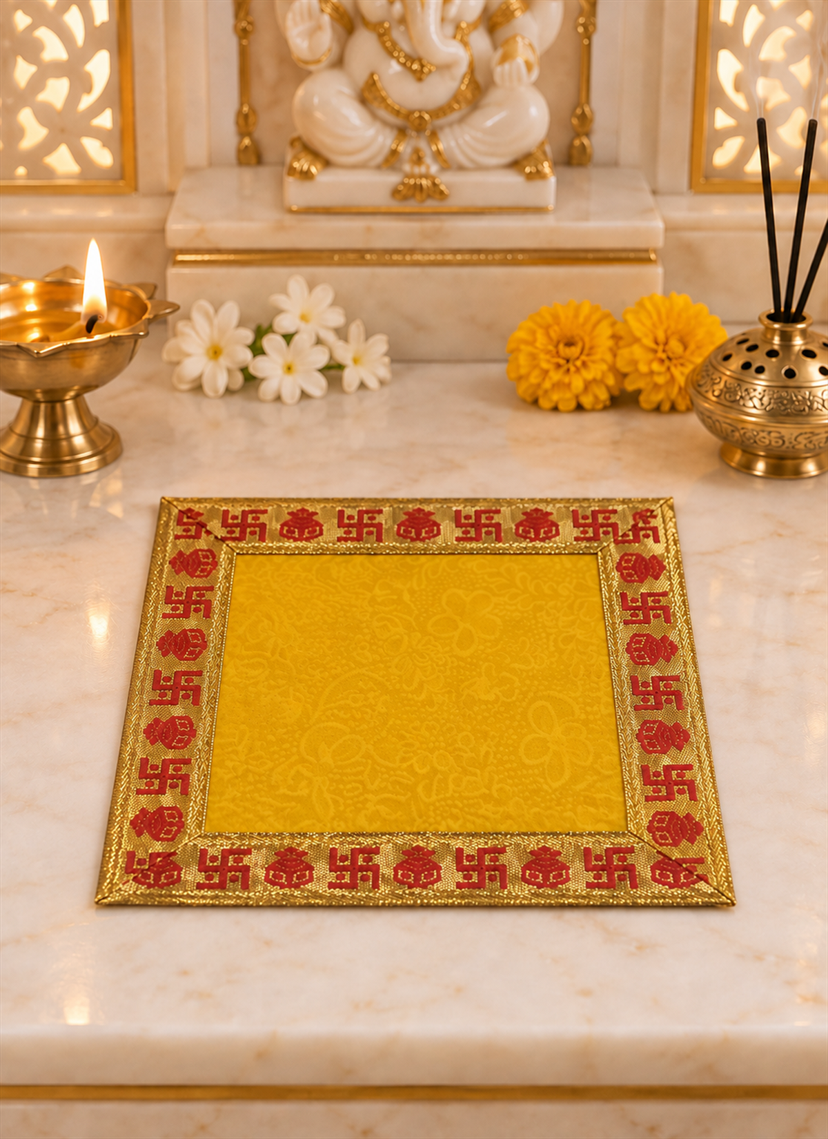 Madhoor Velvet Swastik Kalash Pooja Aasan Yellow 5 x 5 Inches