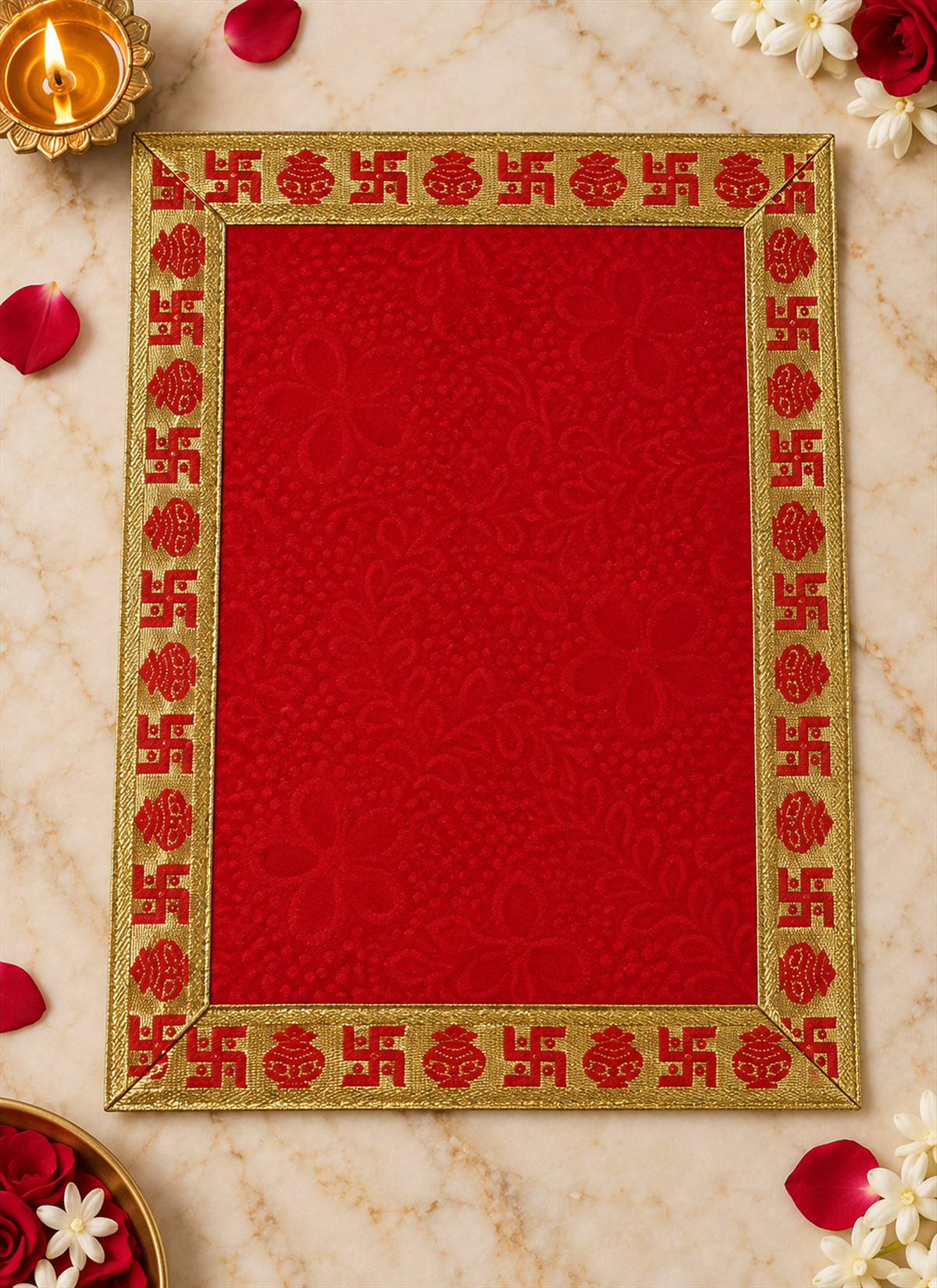Madhoor Velvet Swastik Kalash Pooja Aasan Red 9 x 13 Inches