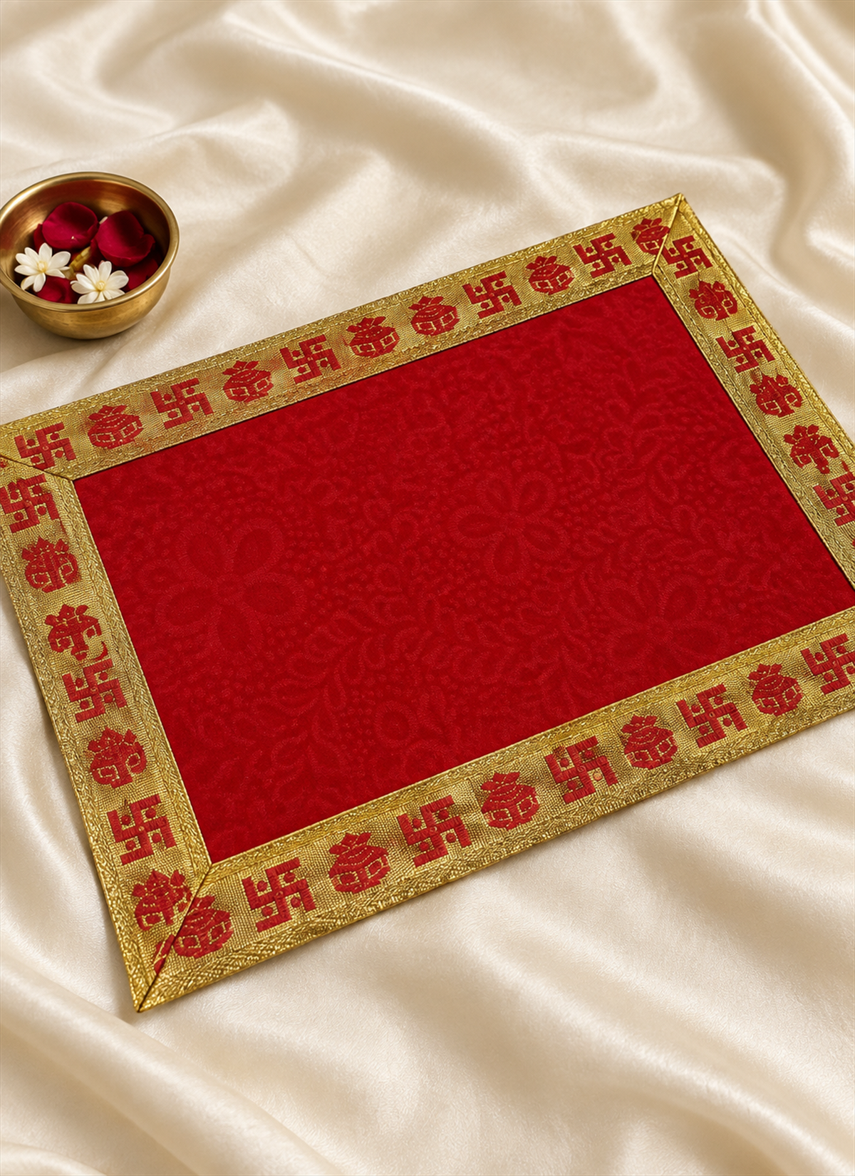 Madhoor Velvet Swastik Kalash Pooja Aasan Red 9 x 13 Inches