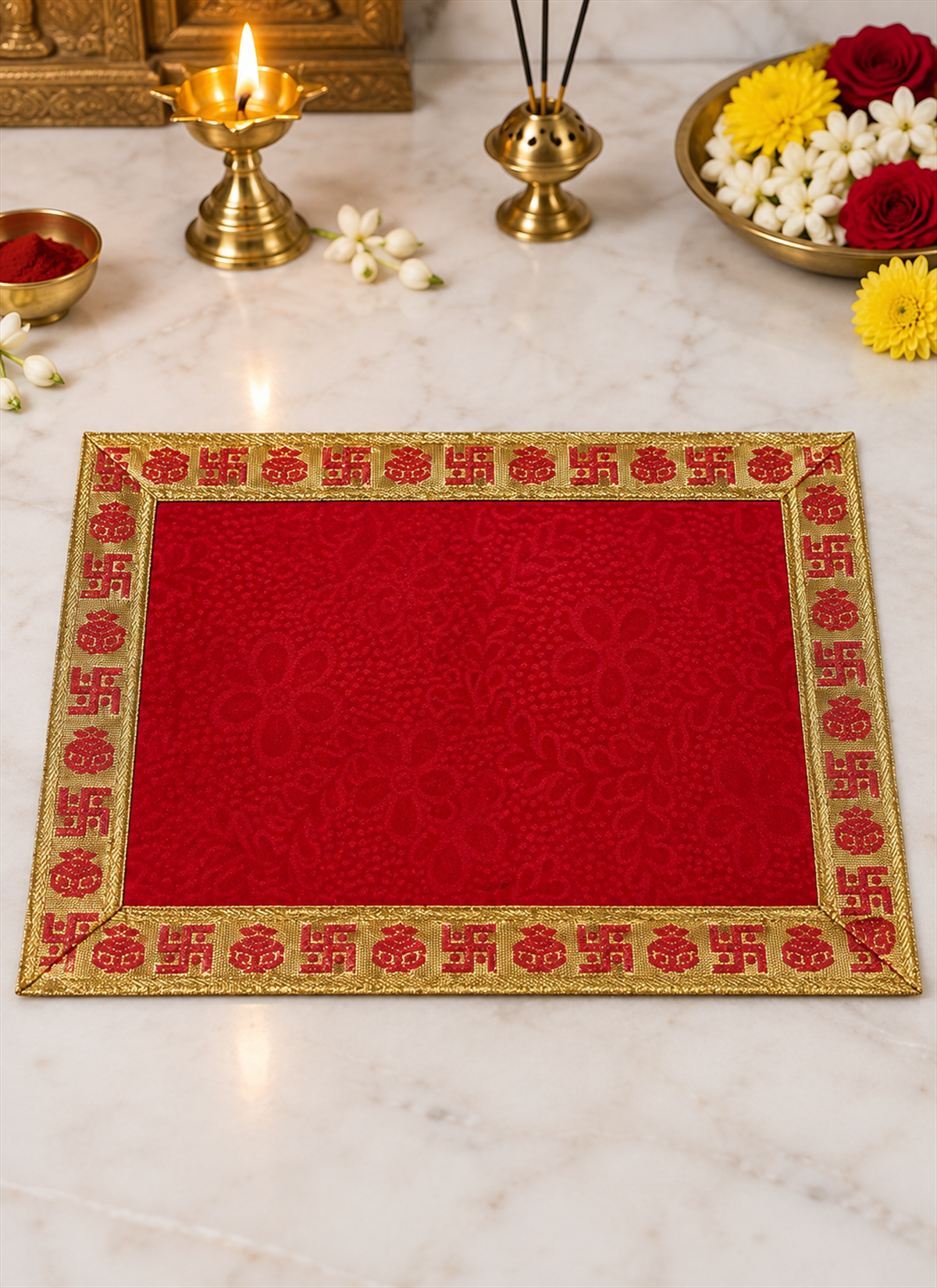 Madhoor Velvet Swastik Kalash Pooja Aasan Red 9 x 13 Inches