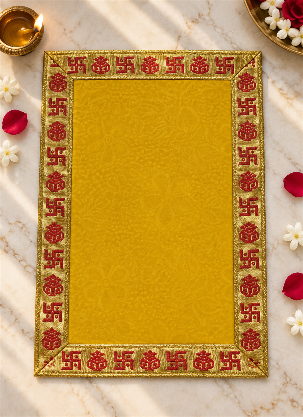Madhoor Velvet Swastik Kalash Pooja Aasan Yellow 9 x 13 Inches