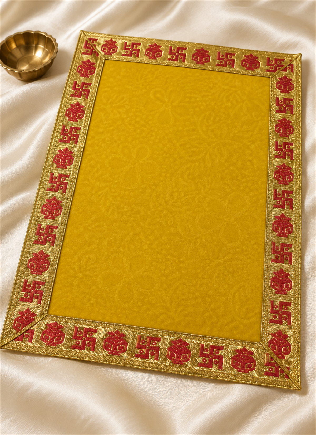 Madhoor Velvet Swastik Kalash Pooja Aasan Yellow 9 x 13 Inches