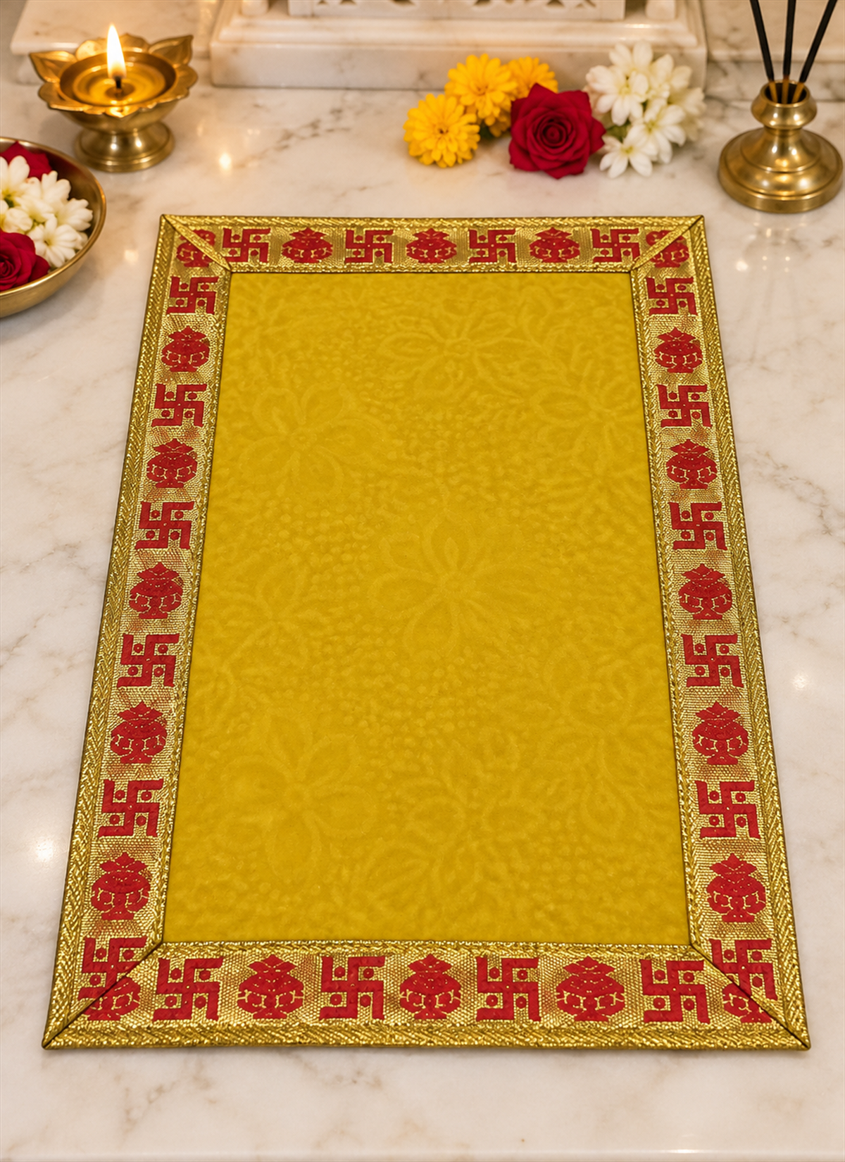 Madhoor Velvet Swastik Kalash Pooja Aasan Yellow 9 x 13 Inches