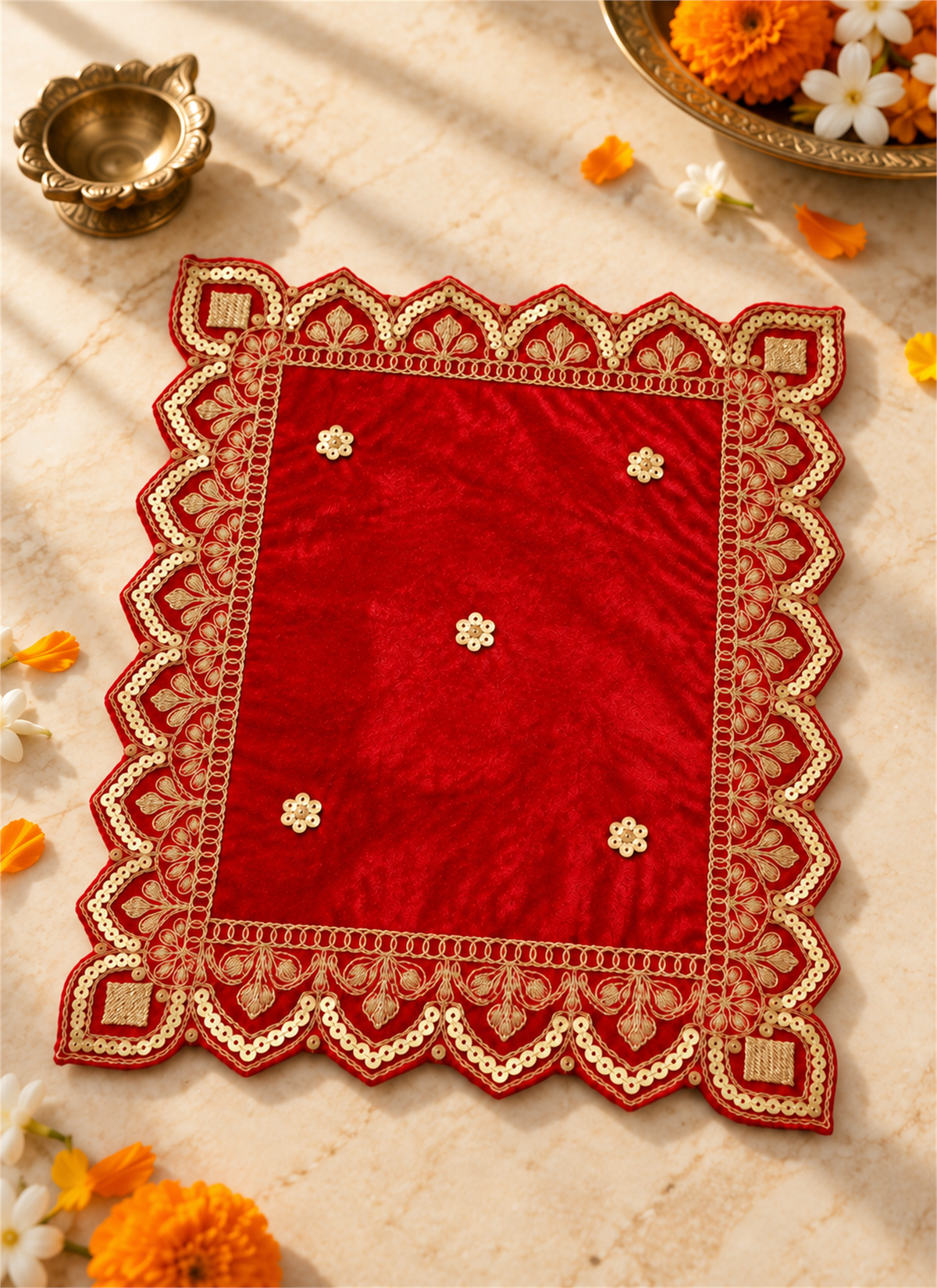 Madhoor Velvet Zardozi Pooja Aasan Red 6 x 8 Inches