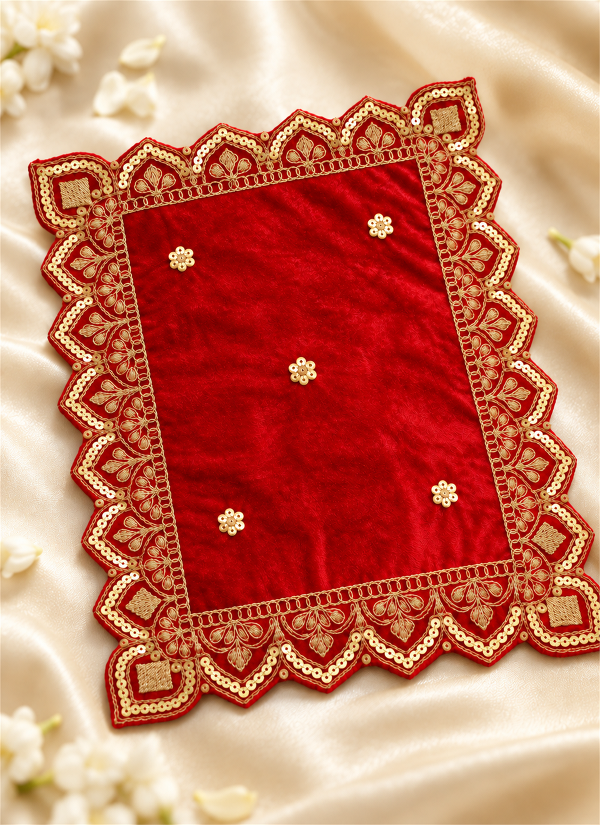 Madhoor Velvet Zardozi Pooja Aasan Red 6 x 8 Inches