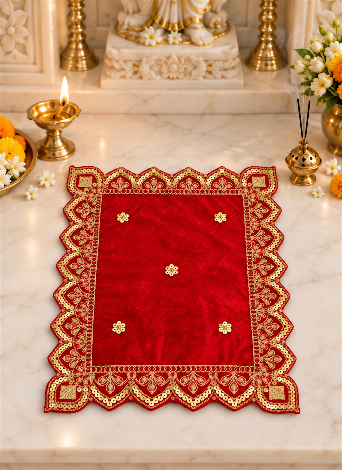 Madhoor Velvet Zardozi Pooja Aasan Red 6 x 8 Inches