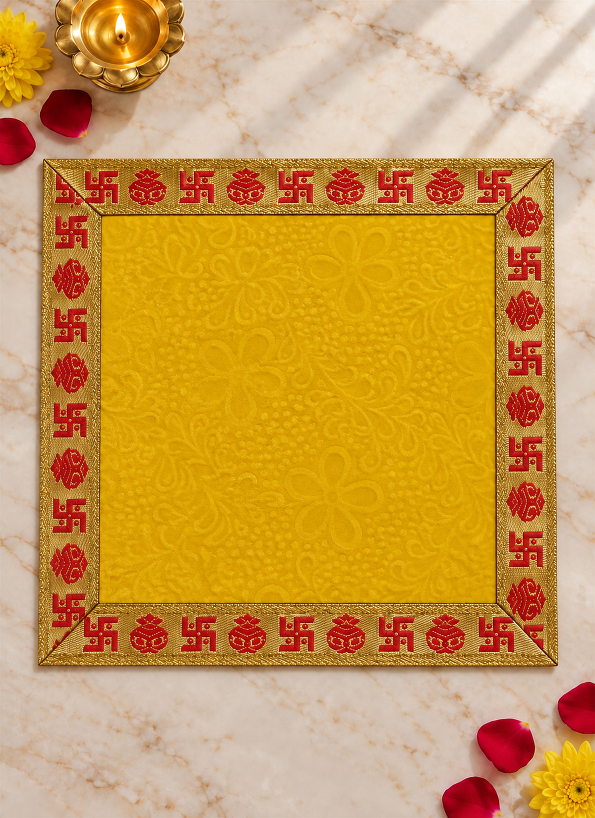 Madhoor Velvet Swastik Kalash Pooja Aasan Yellow 12 x 12 Inches