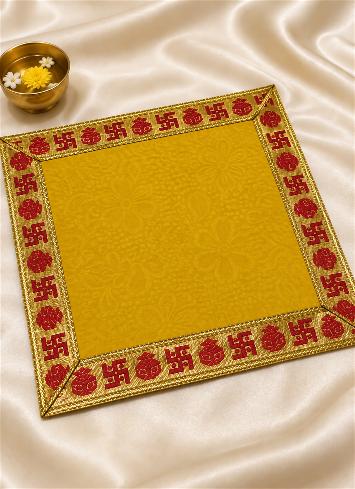 Madhoor Velvet Swastik Kalash Pooja Aasan Yellow 12 x 12 Inches