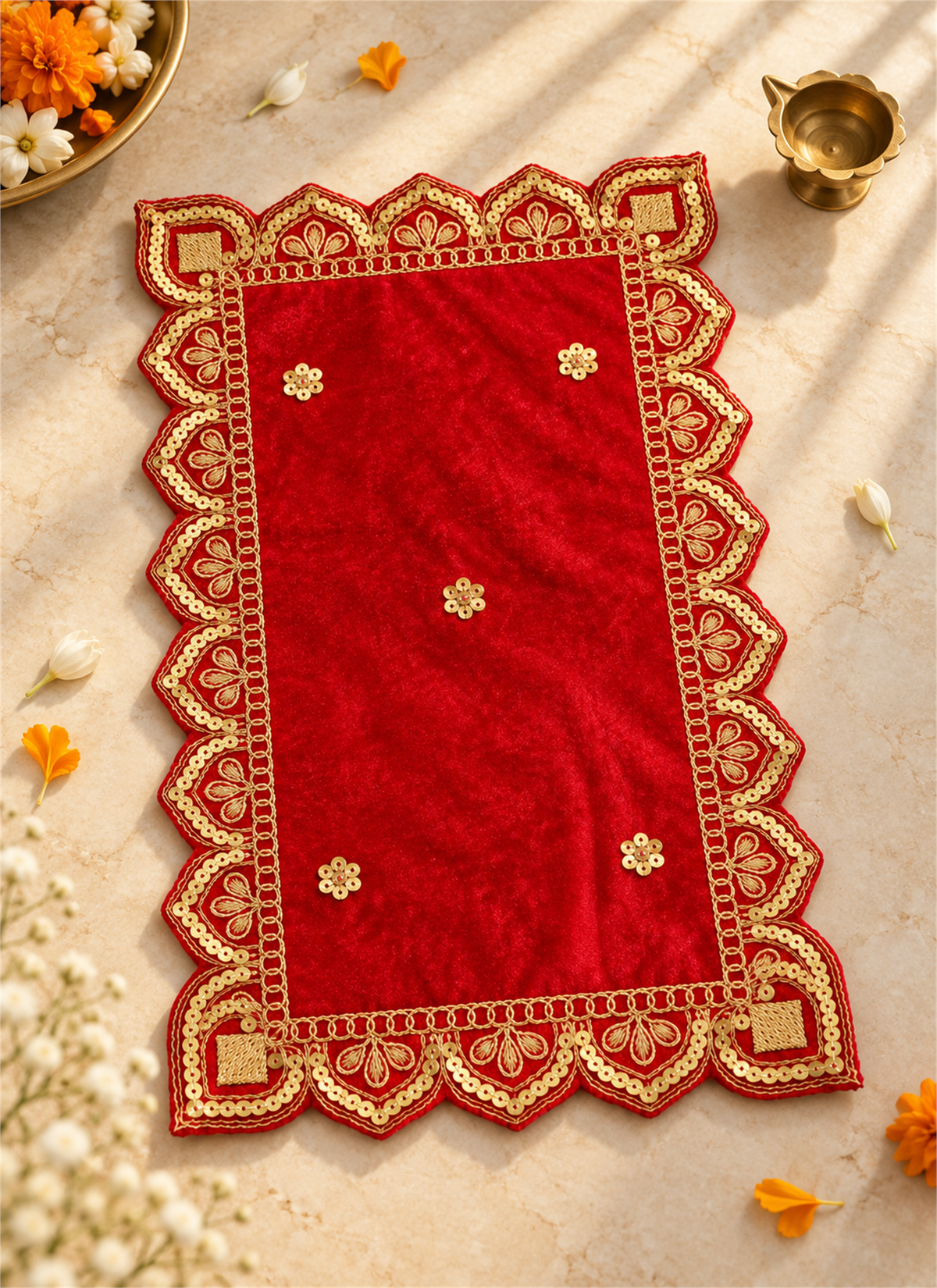 Madhoor Velvet Zardozi Pooja Aasan Red 7 x 12 Inches