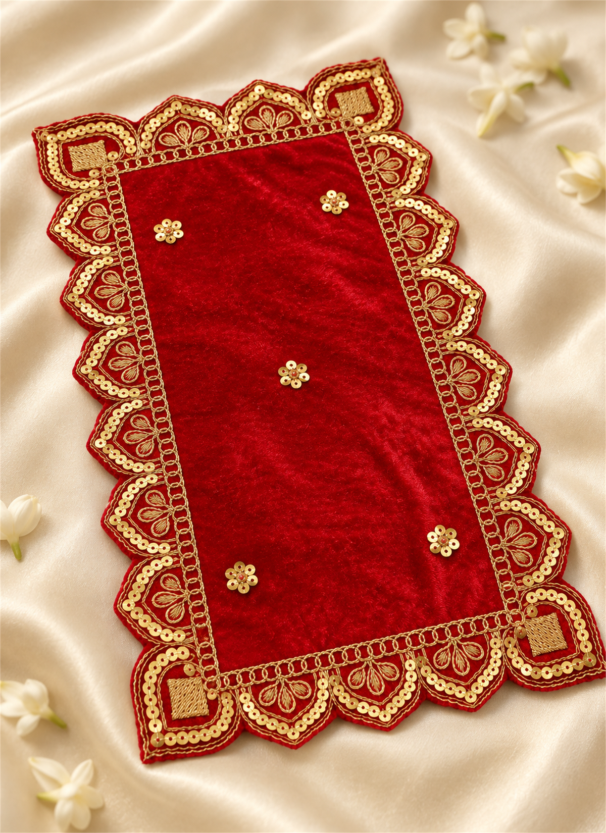 Madhoor Velvet Zardozi Pooja Aasan Red 7 x 12 Inches