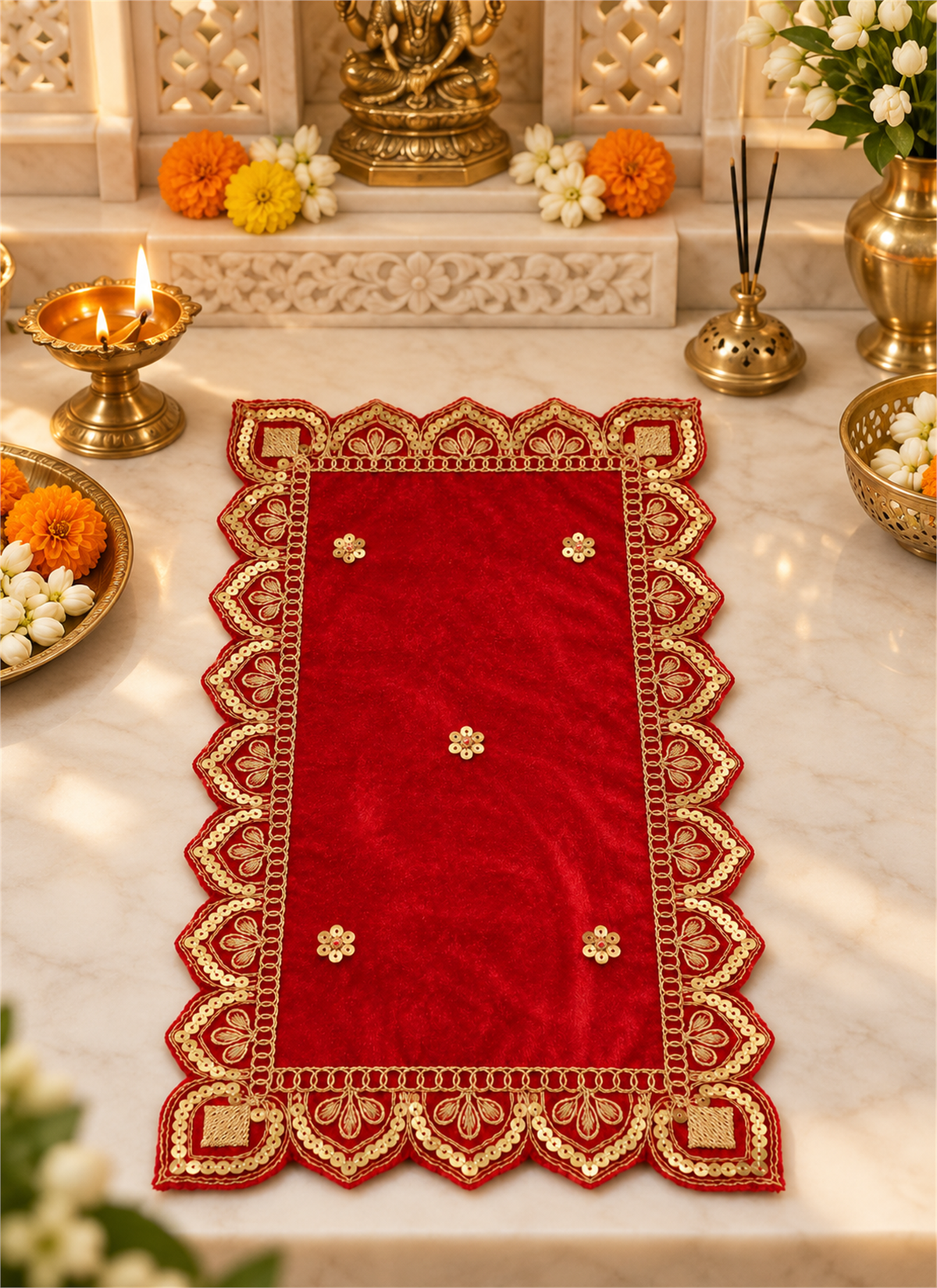 Madhoor Velvet Zardozi Pooja Aasan Red 7 x 12 Inches