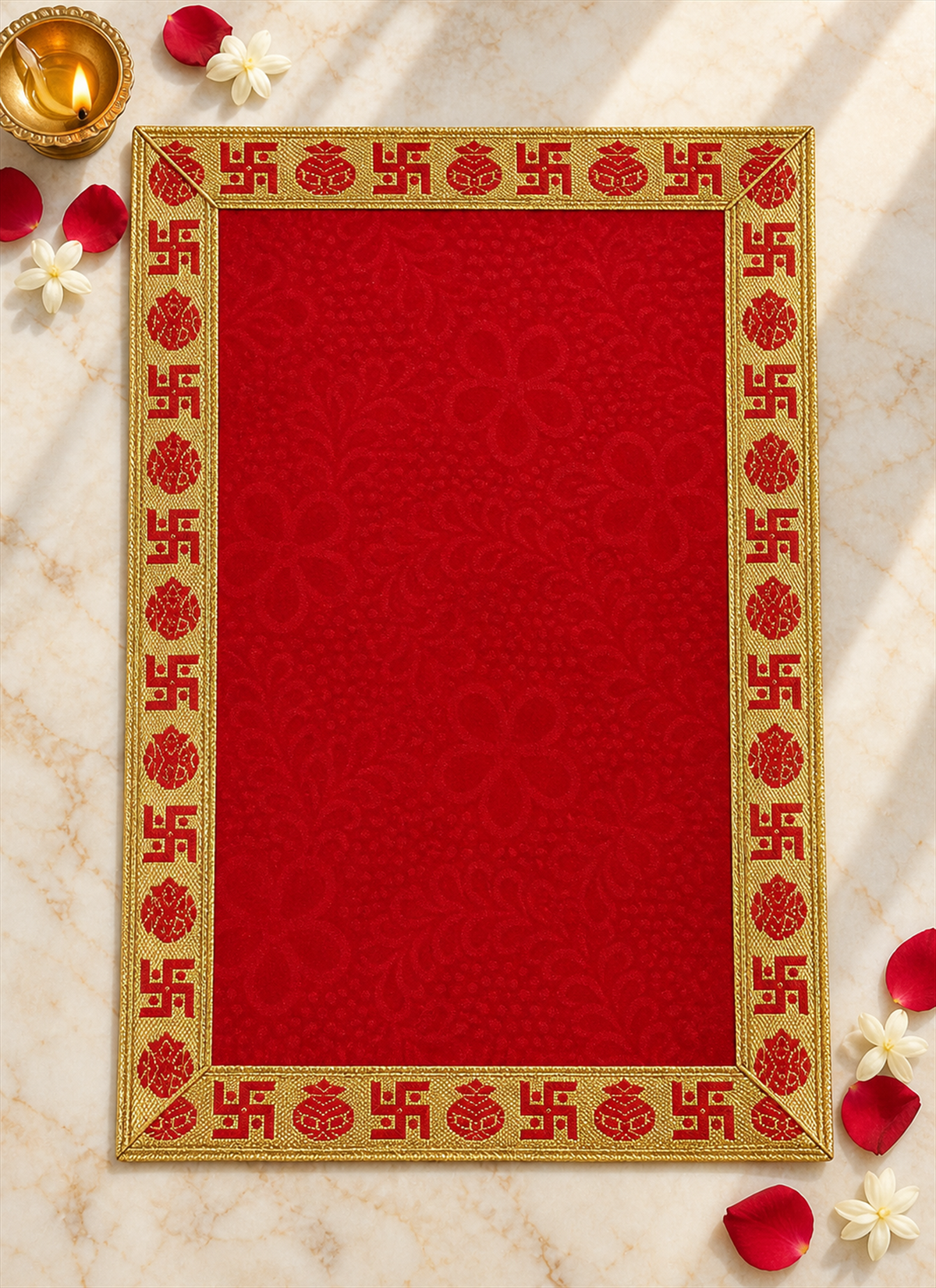 Madhoor Velvet Swastik Kalash Pooja Aasan Red 12 x 18 Inches