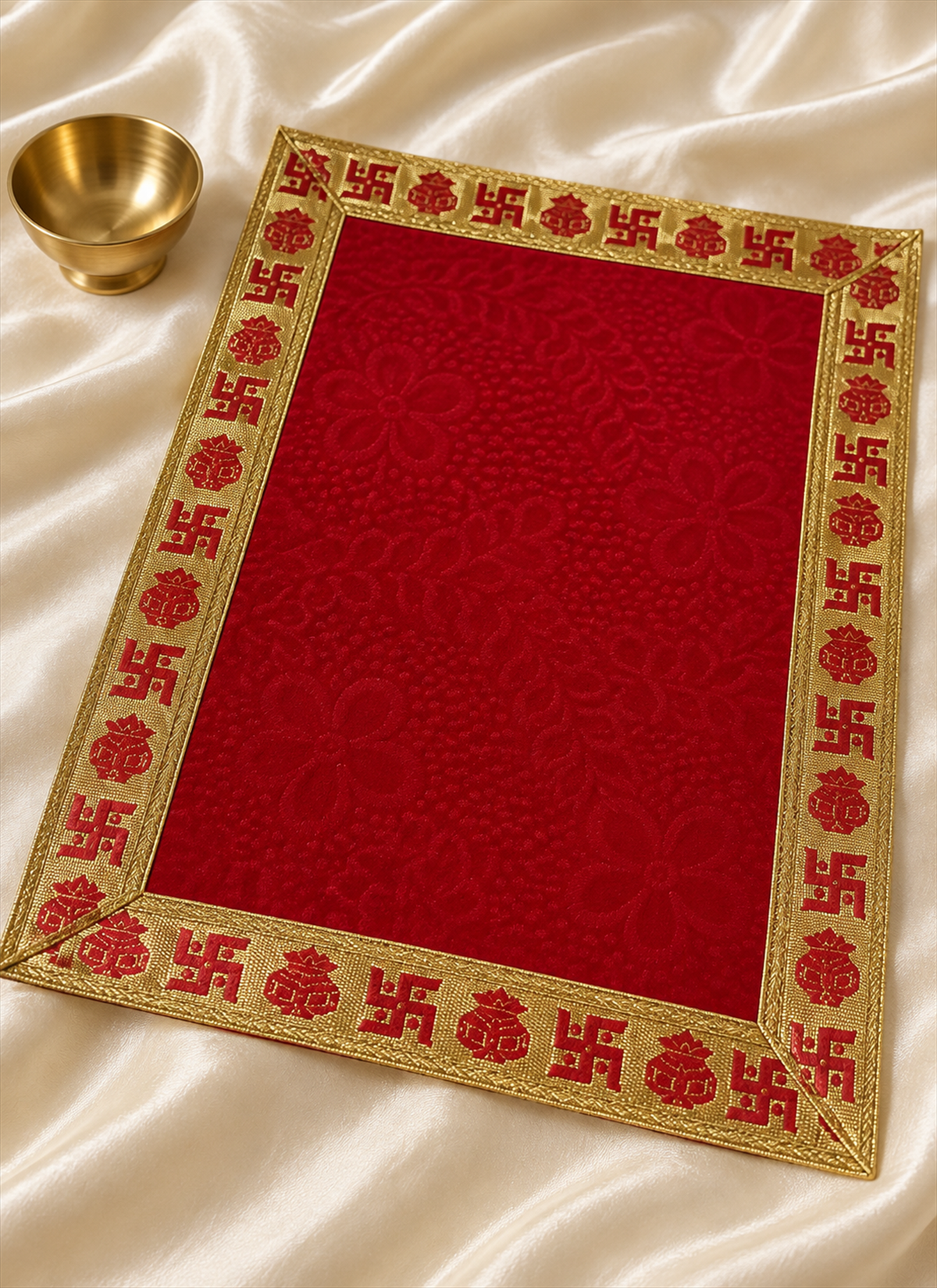 Madhoor Velvet Swastik Kalash Pooja Aasan Red 12 x 18 Inches