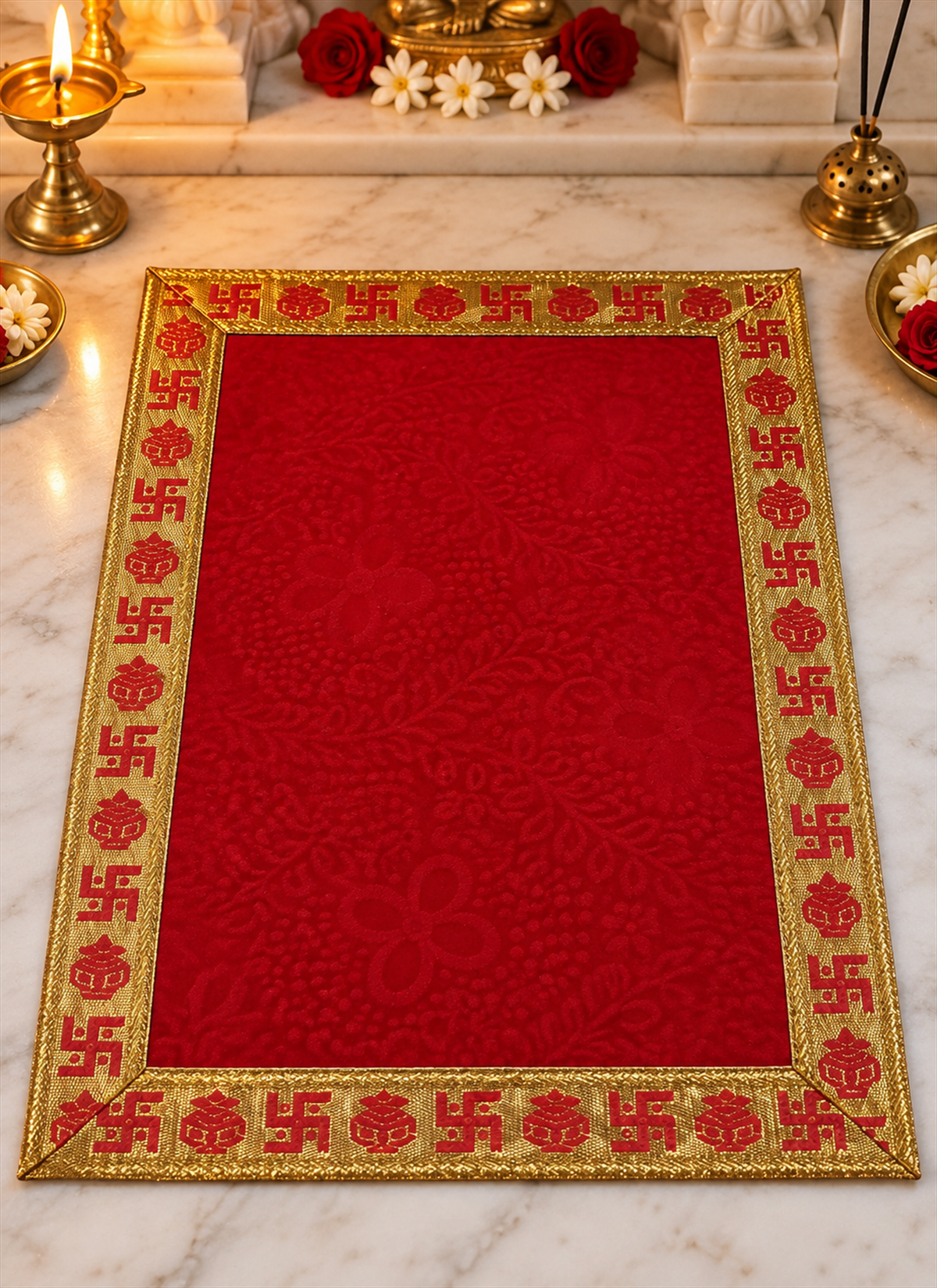 Madhoor Velvet Swastik Kalash Pooja Aasan Red 12 x 18 Inches