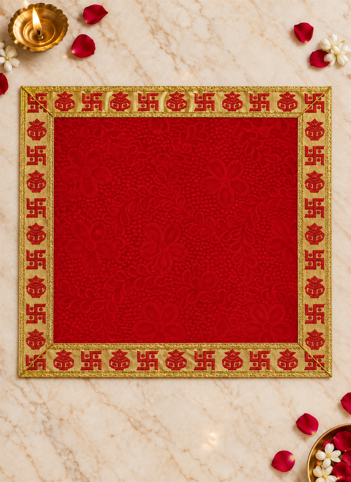 Madhoor Velvet Swastik Kalash Pooja Aasan Red 18 x 18 Inches