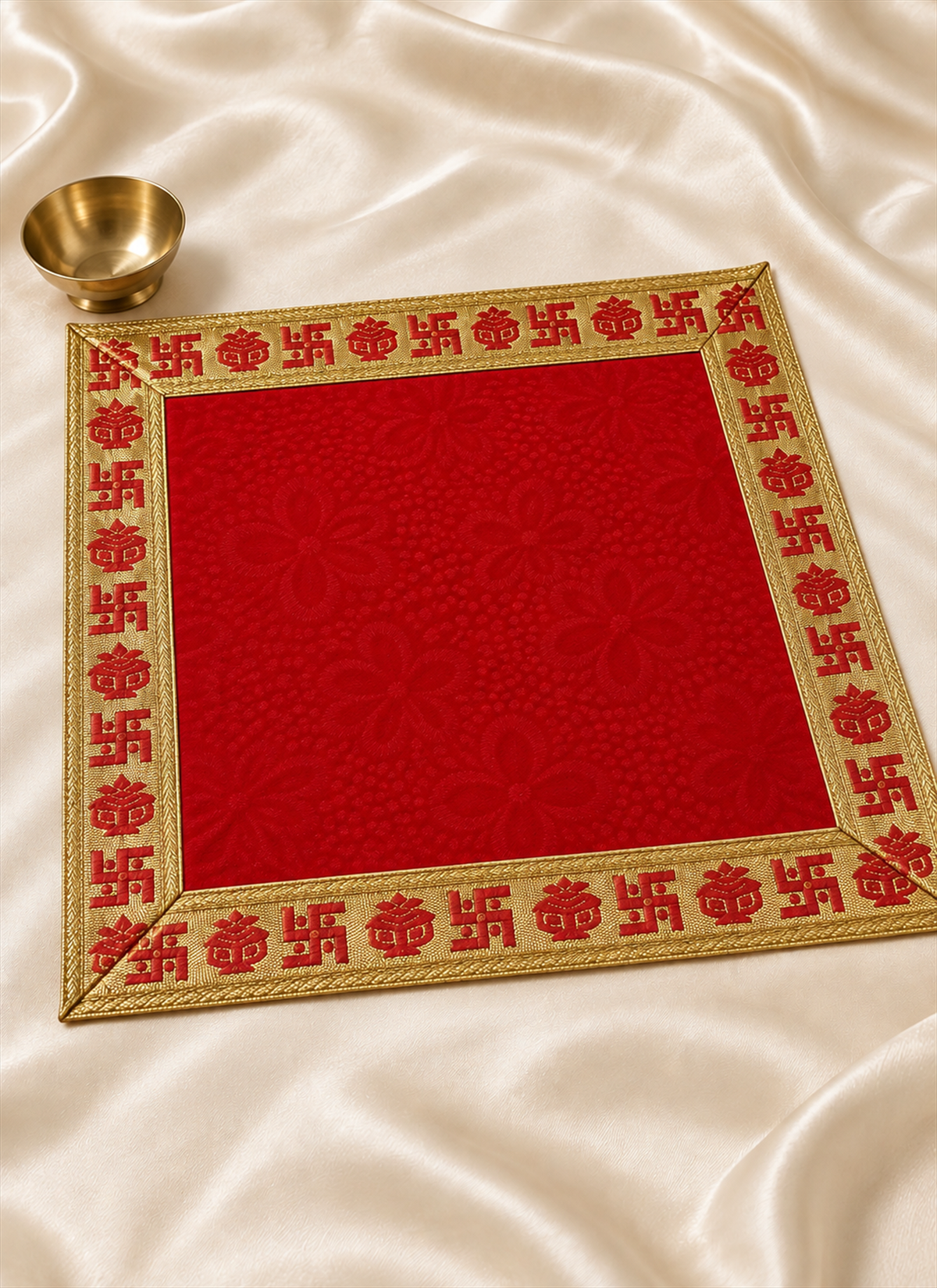 Madhoor Velvet Swastik Kalash Pooja Aasan Red 18 x 18 Inches