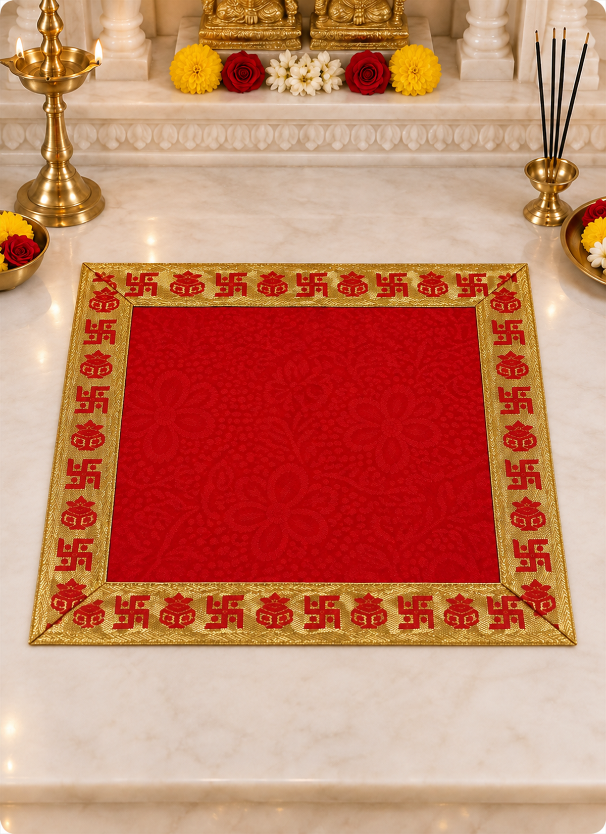 Madhoor Velvet Swastik Kalash Pooja Aasan Red 18 x 18 Inches