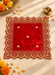 Madhoor Velvet Zardozi Pooja Aasan Red 12 x 12 Inches