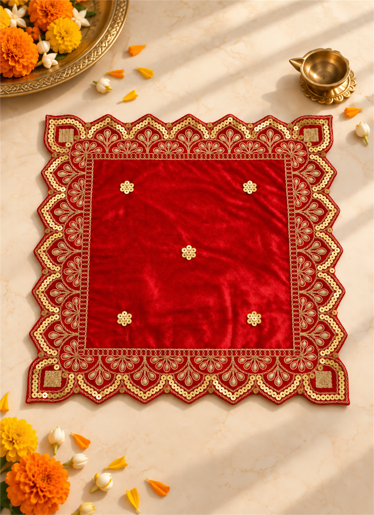 Madhoor Velvet Zardozi Pooja Aasan Red 12 x 12 Inches