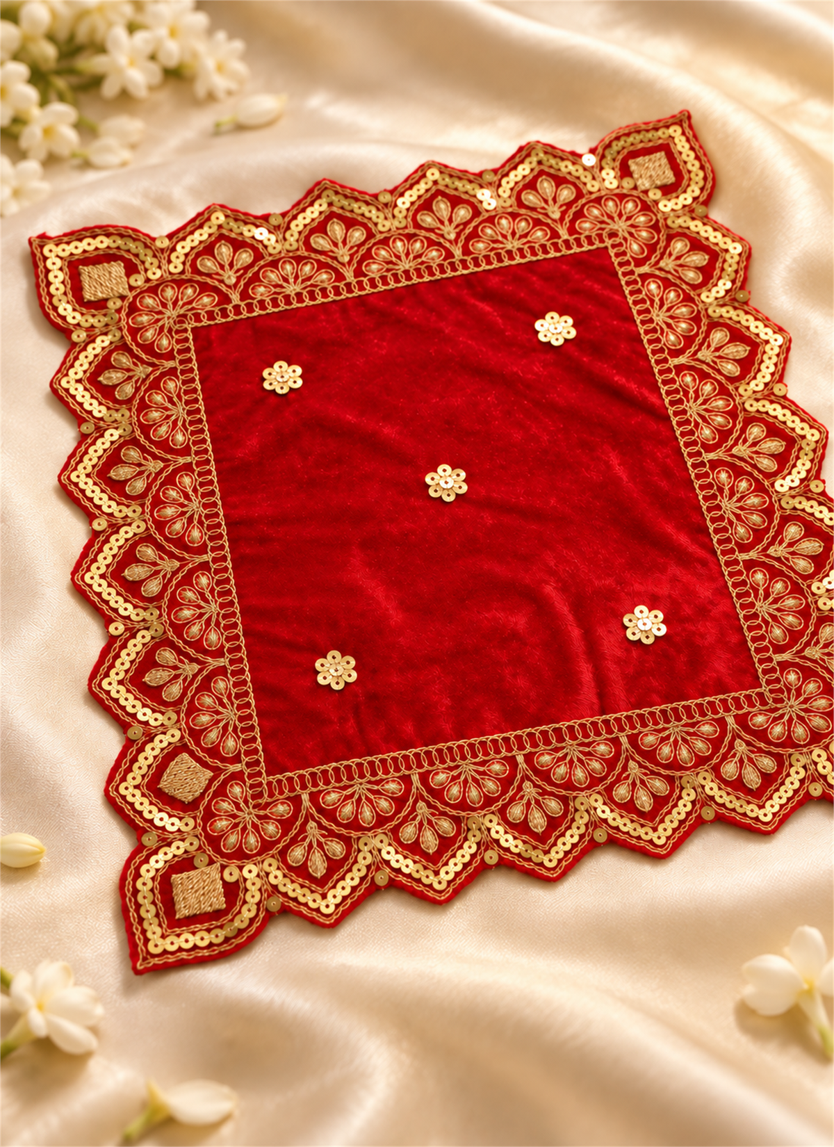 Madhoor Velvet Zardozi Pooja Aasan Red 12 x 12 Inches