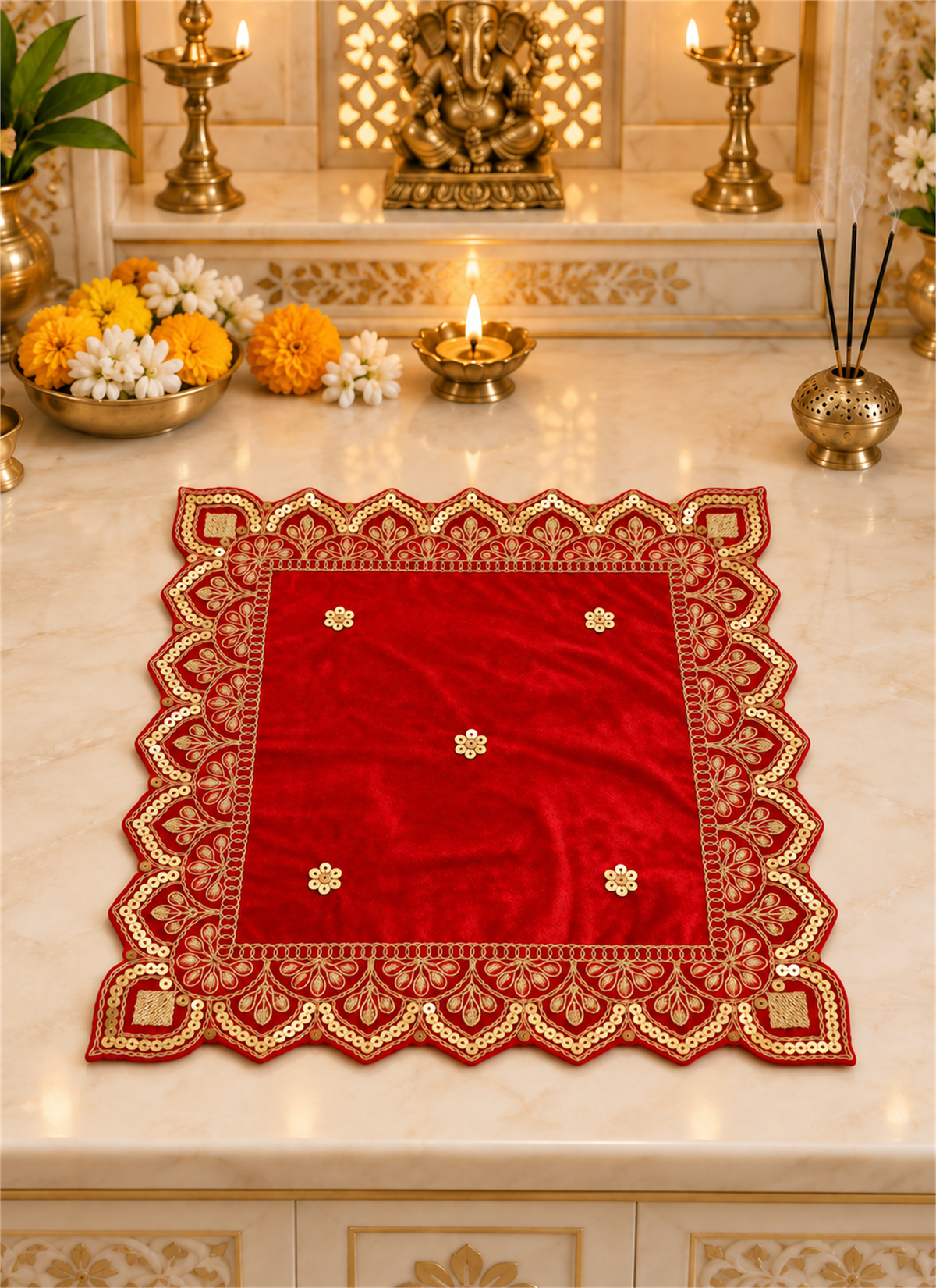 Madhoor Velvet Zardozi Pooja Aasan Red 12 x 12 Inches