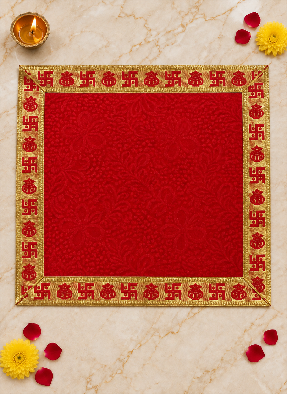 Madhoor Velvet Swastik Kalash Pooja Aasan Red 21 x 21 Inches