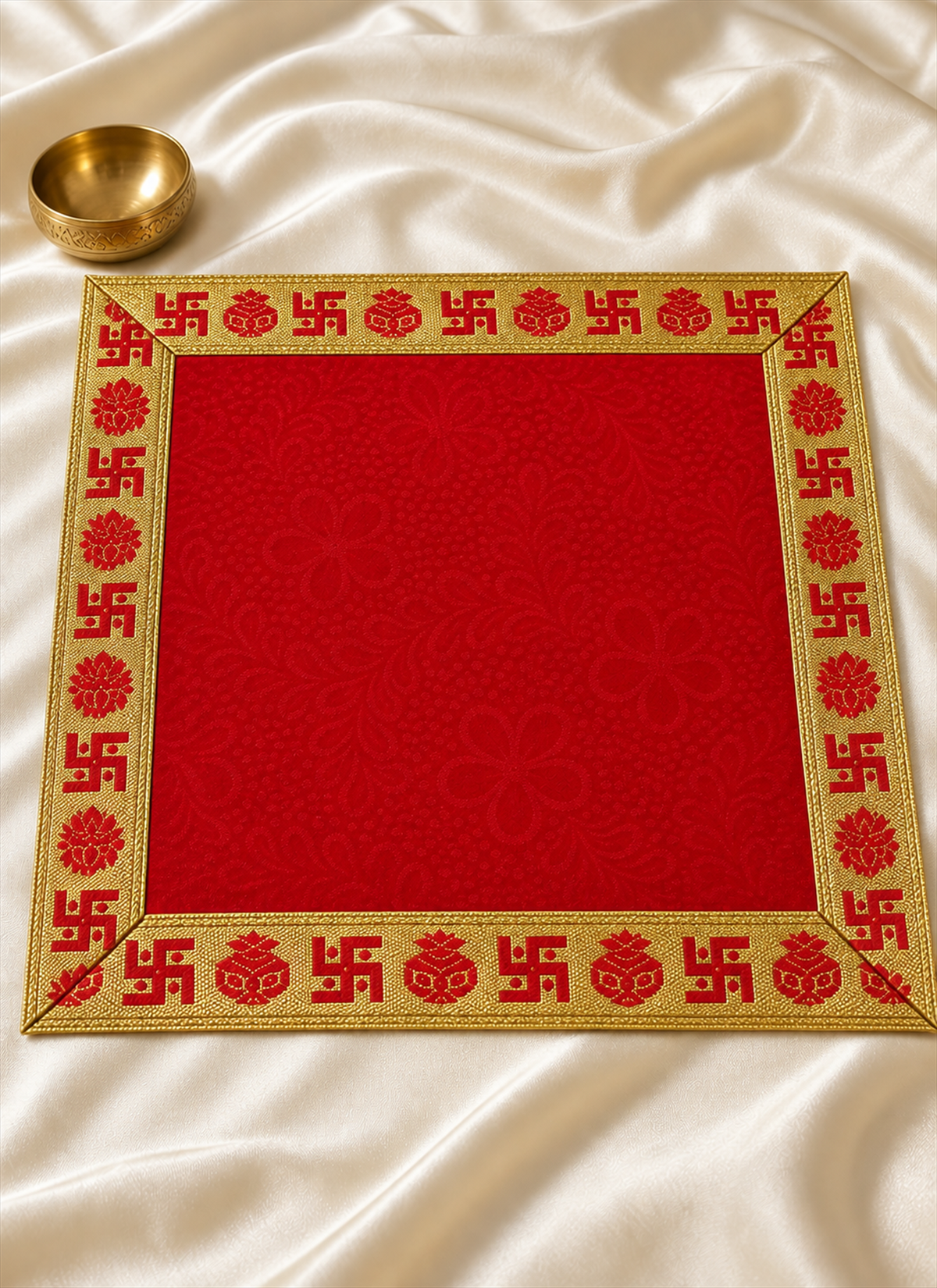 Madhoor Velvet Swastik Kalash Pooja Aasan Red 21 x 21 Inches