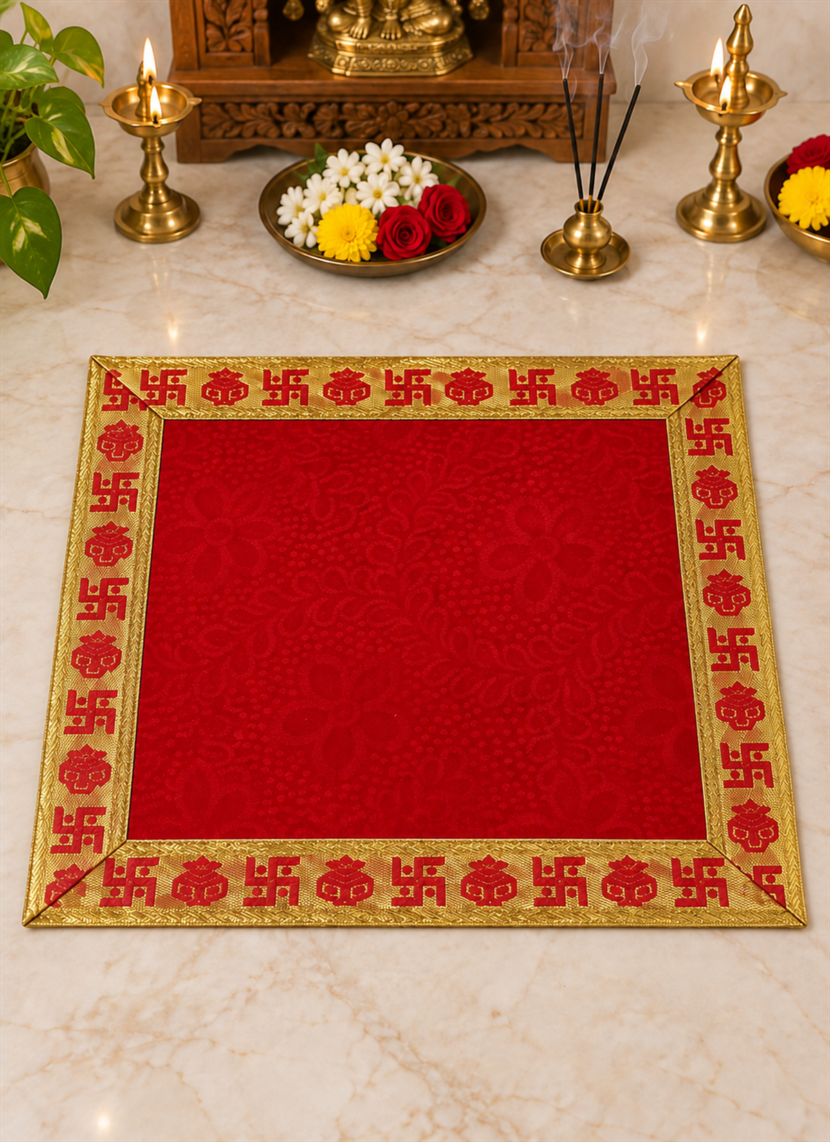Madhoor Velvet Swastik Kalash Pooja Aasan Red 21 x 21 Inches