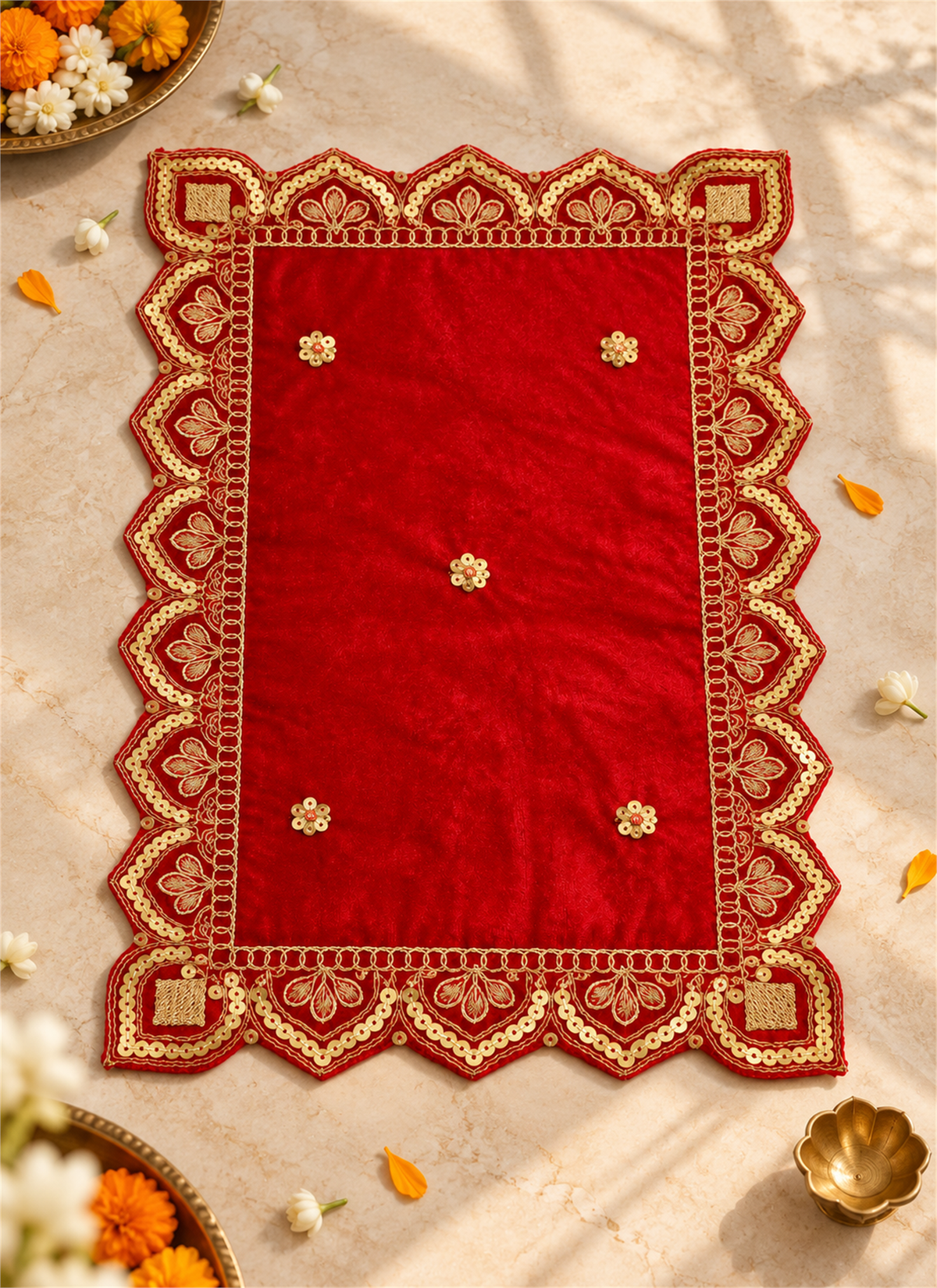 Madhoor Velvet Zardozi Pooja Aasan Red 13 x 20 Inches