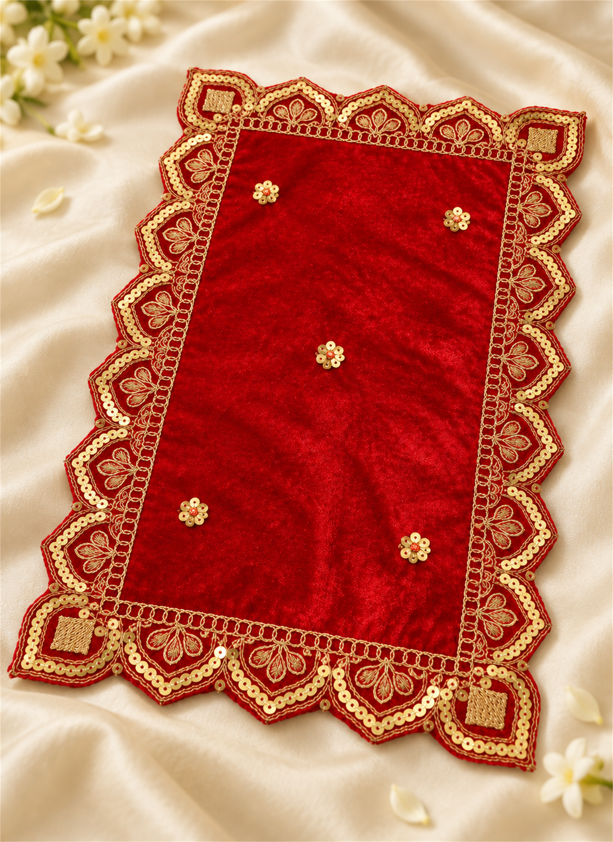 Madhoor Velvet Zardozi Pooja Aasan Red 13 x 20 Inches