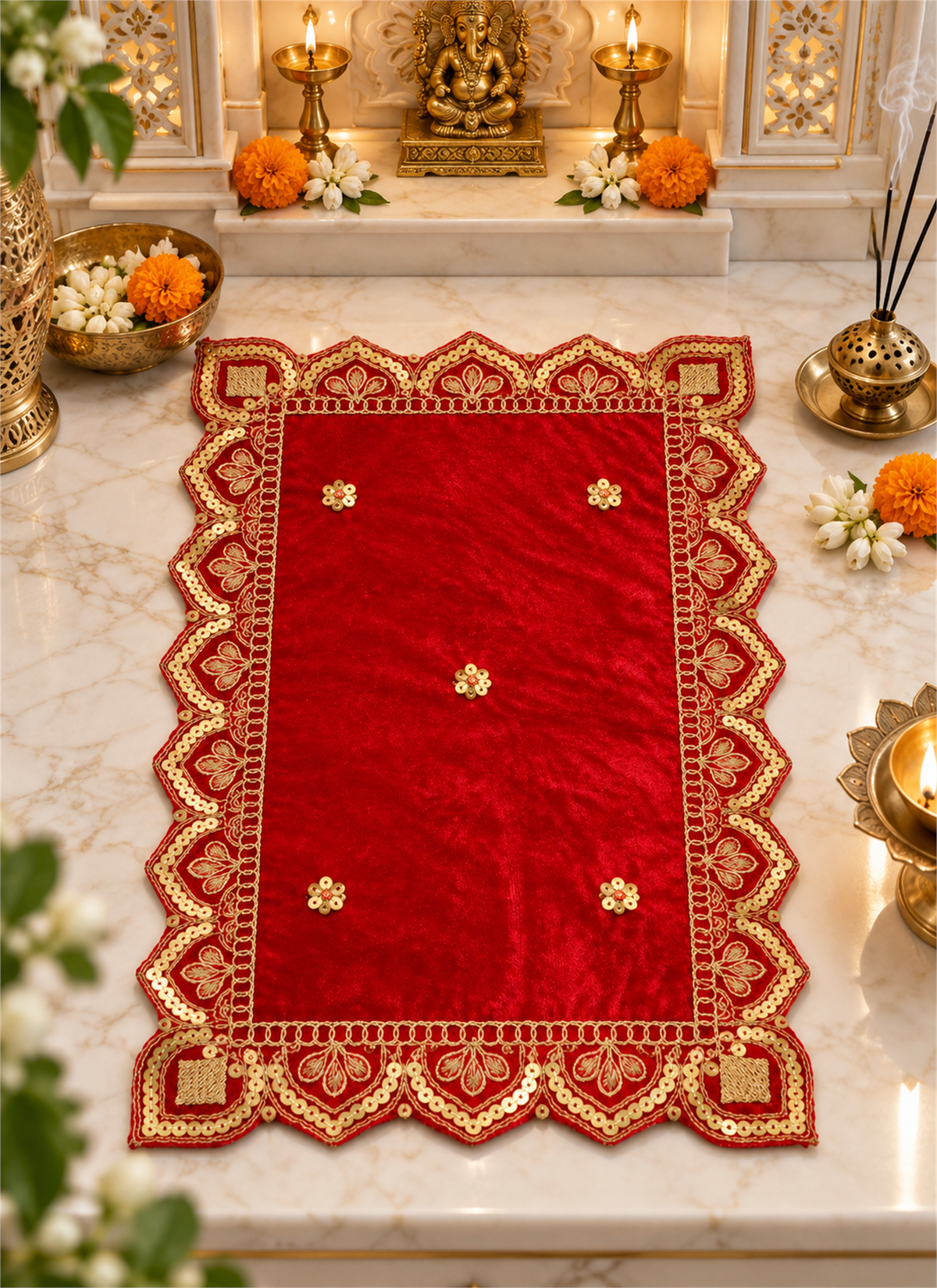 Madhoor Velvet Zardozi Pooja Aasan Red 13 x 20 Inches