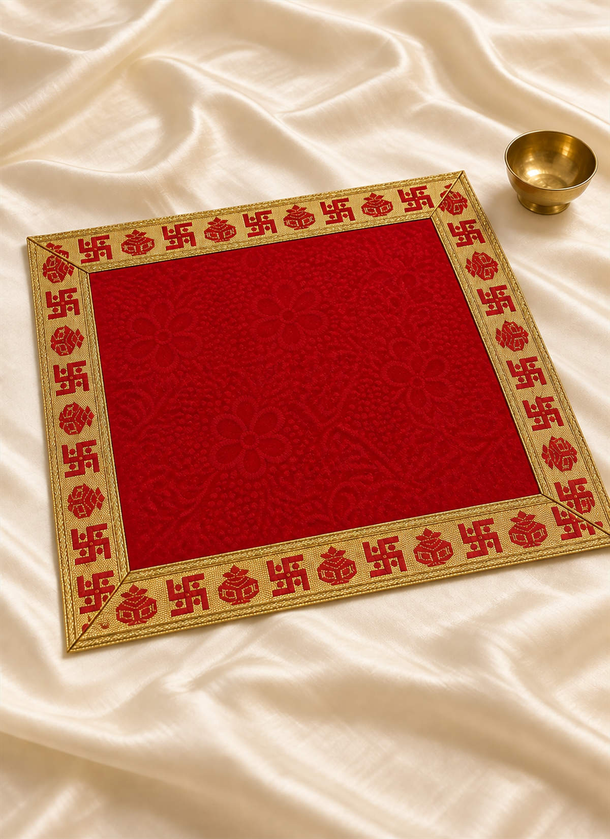 Madhoor Velvet Swastik Kalash Pooja Aasan Red 24 x 24 Inches
