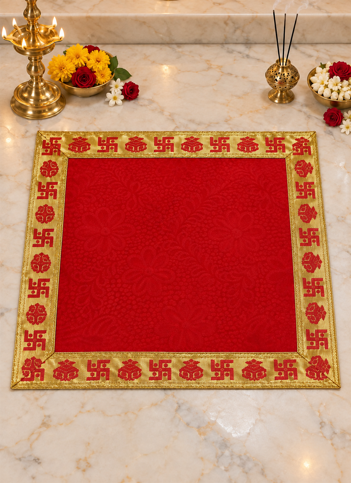 Madhoor Velvet Swastik Kalash Pooja Aasan Red 24 x 24 Inches