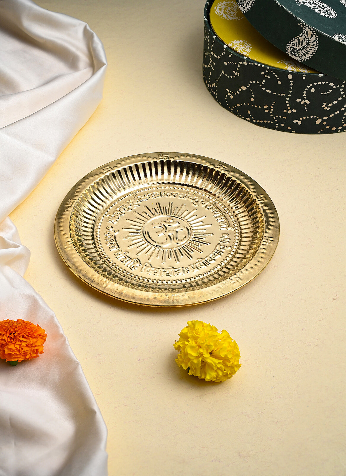 Madhoor Om Brass Pooja Thali Gold-Tone 19 cm 1 Piece
