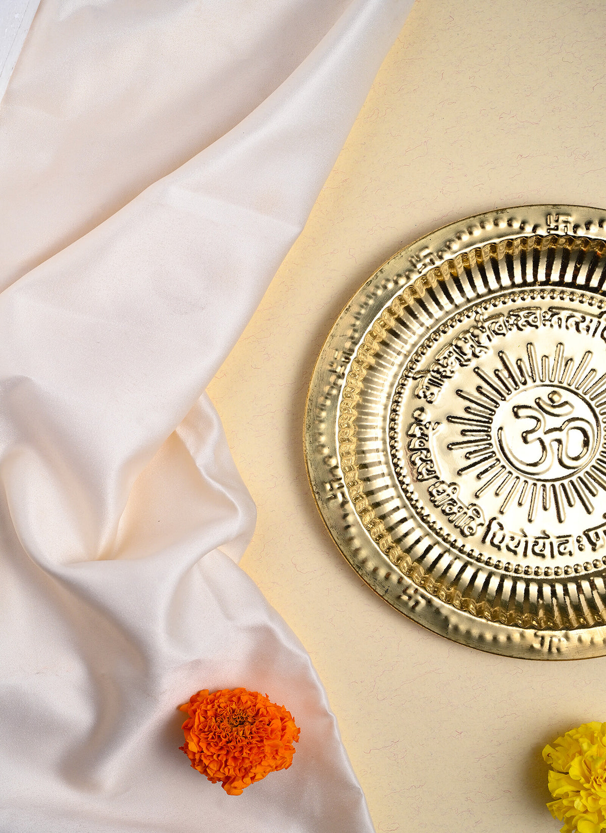 Madhoor Om Brass Pooja Thali Gold-Tone 19 cm 1 Piece